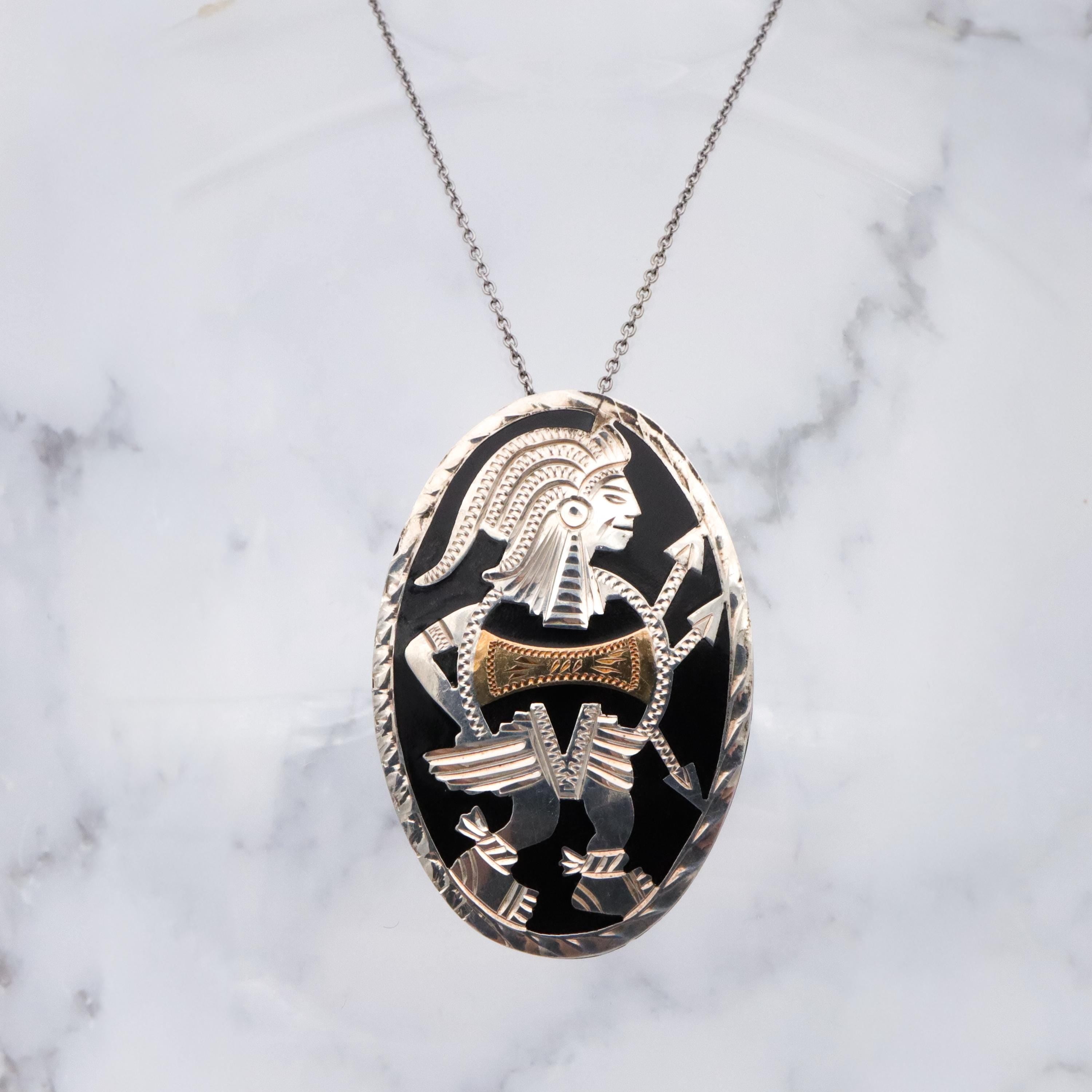 Vintage Mexican sterling & brass inlaid Aztec warrior brooch/pendant