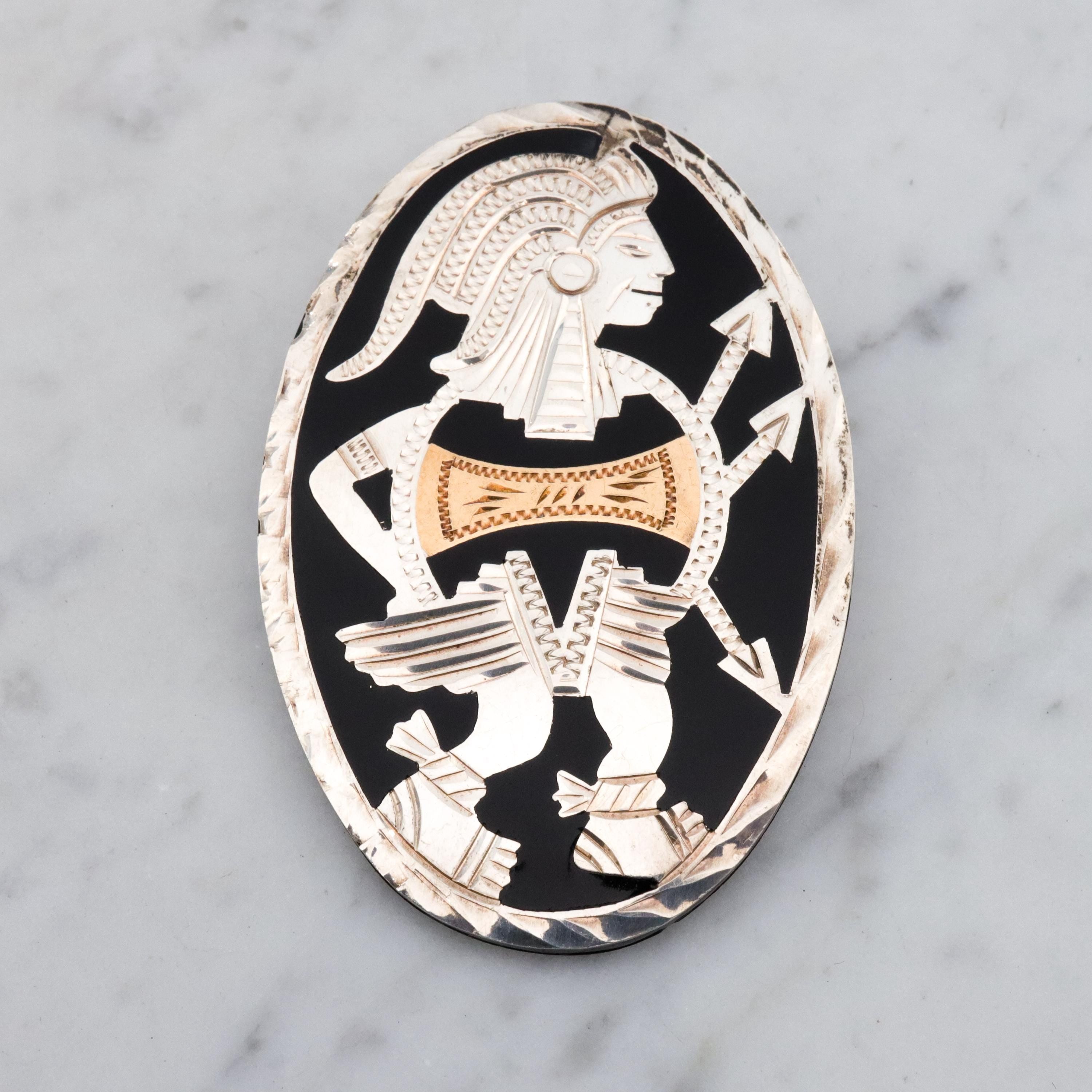 Vintage Mexican sterling & brass inlaid Aztec warrior brooch/pendant
