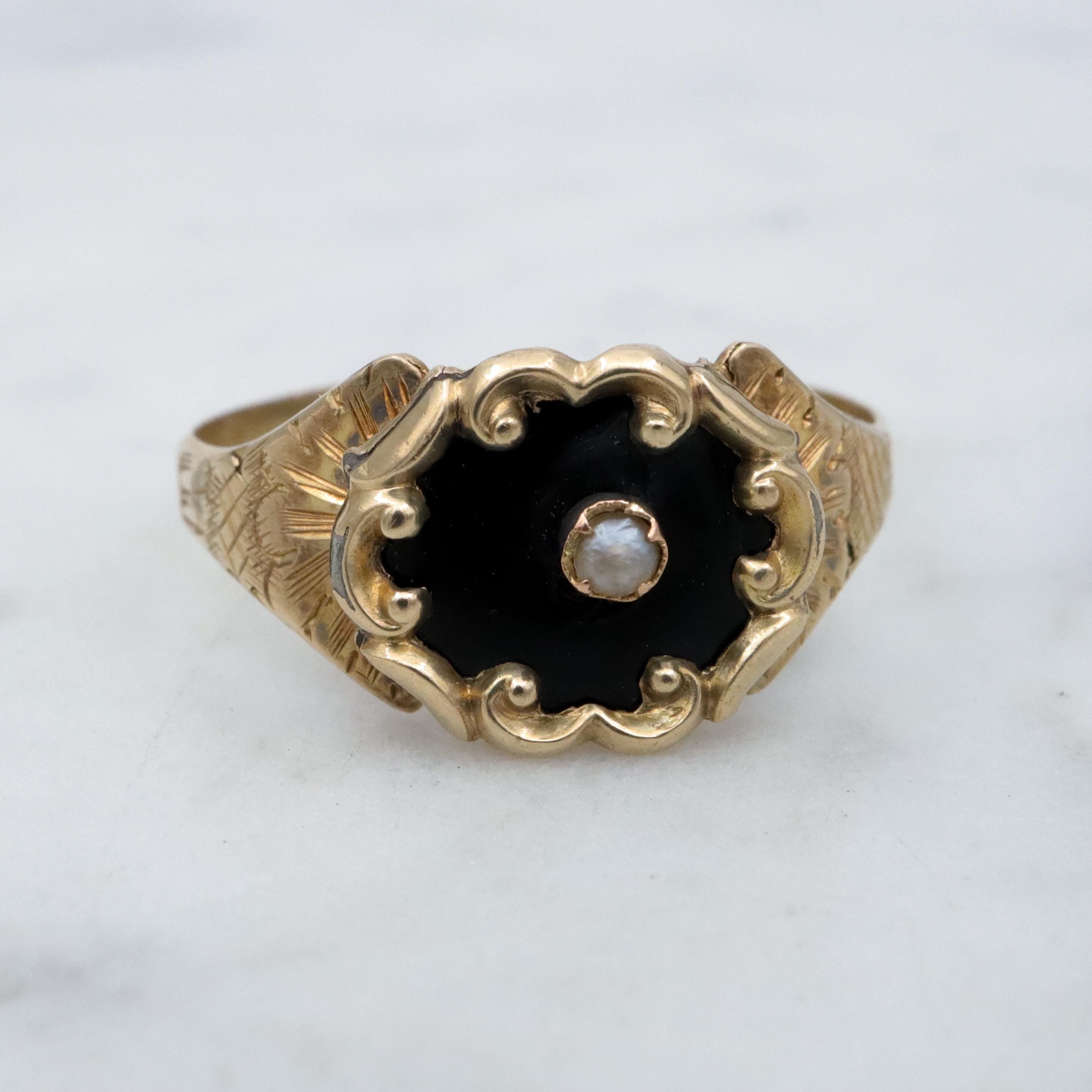 Antique Victorian 10k black enamel & pearl mourning ring, size 6.5