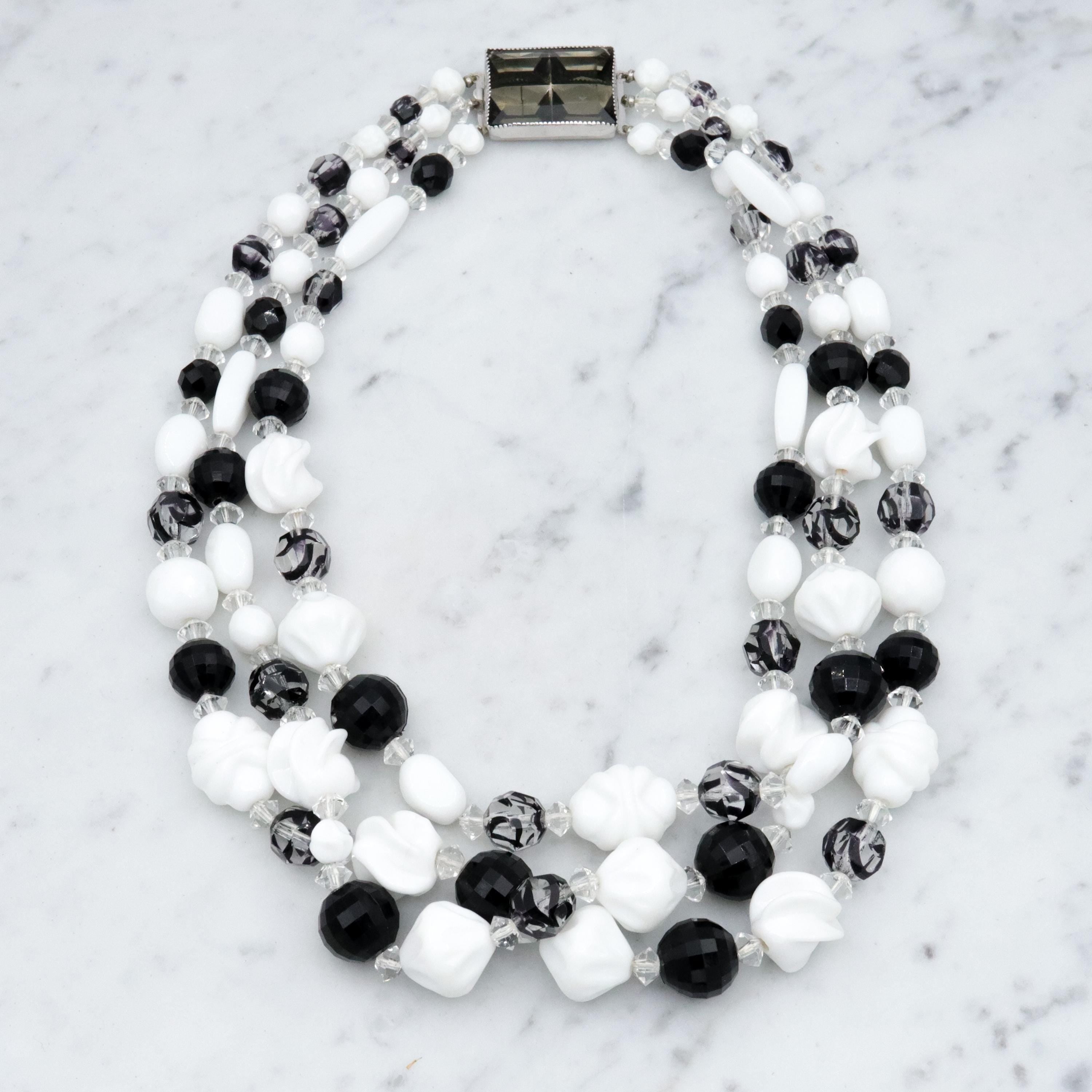 Retro Hattie Carnegie black, clear, & white milk glass beaded 3-strand necklace, 16.5"