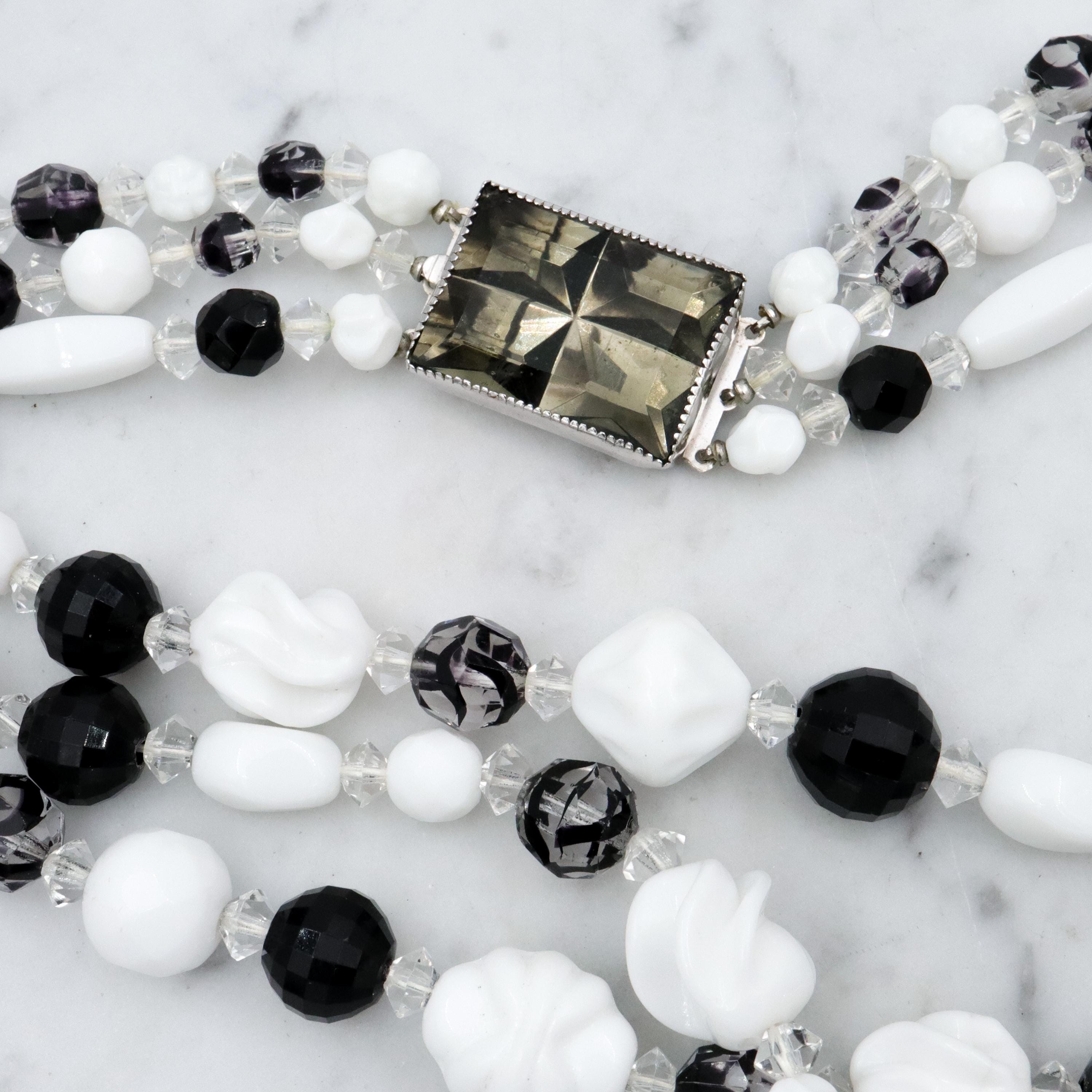 Retro Hattie Carnegie black, clear, & white milk glass beaded 3-strand necklace, 16.5"
