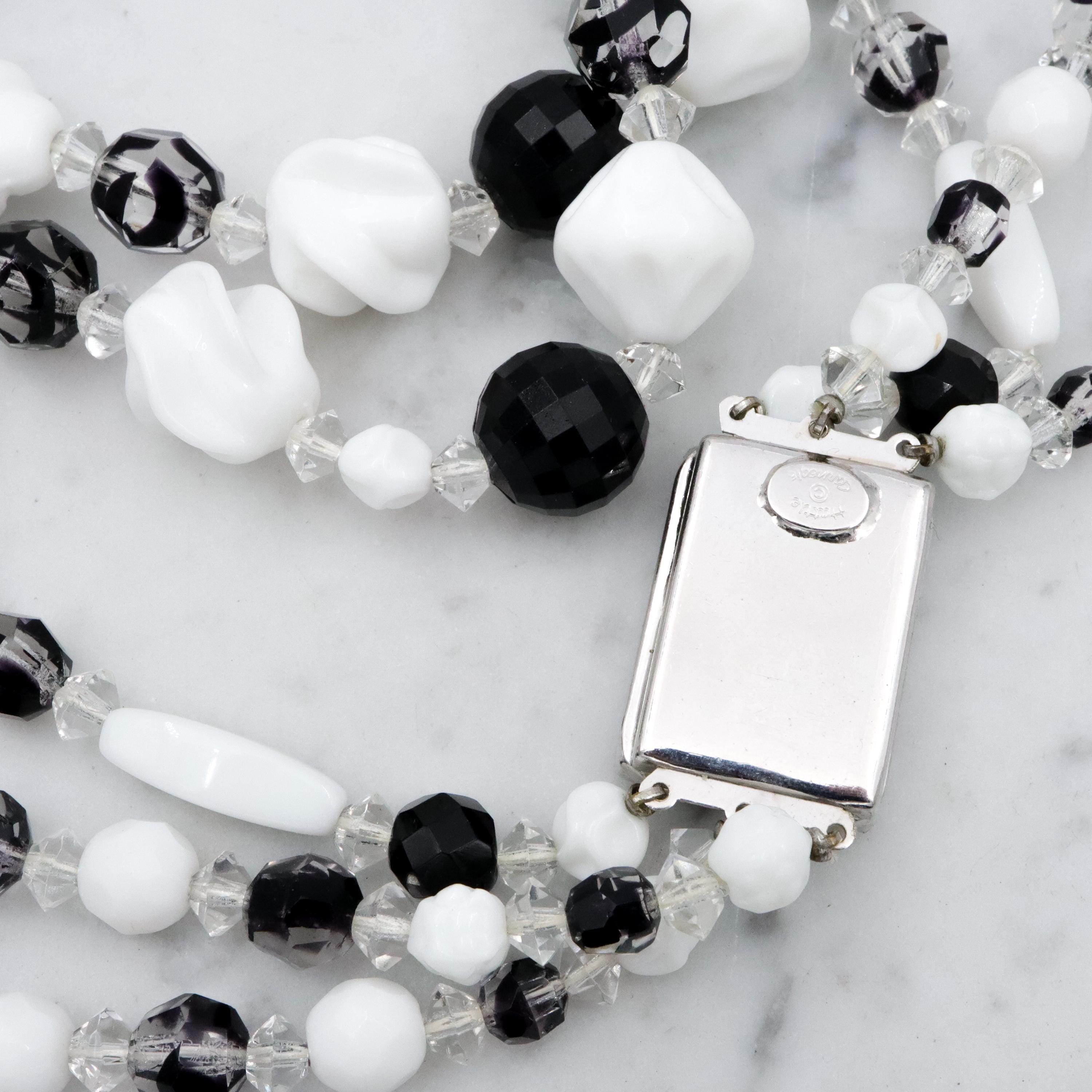 Retro Hattie Carnegie black, clear, & white milk glass beaded 3-strand necklace, 16.5"