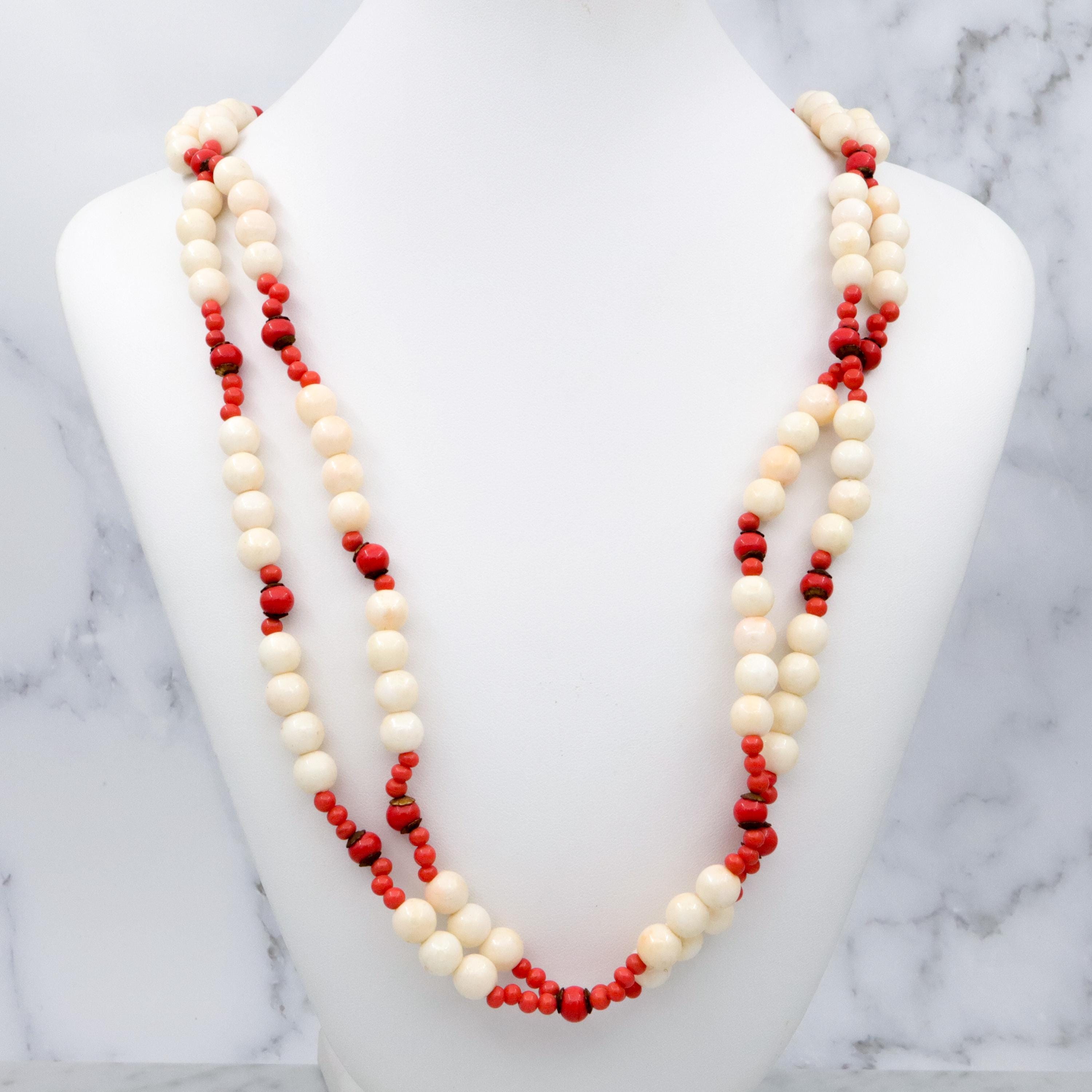 70s Miriam Haskell faux coral & pearl double strand necklace with slide clasp, 26"