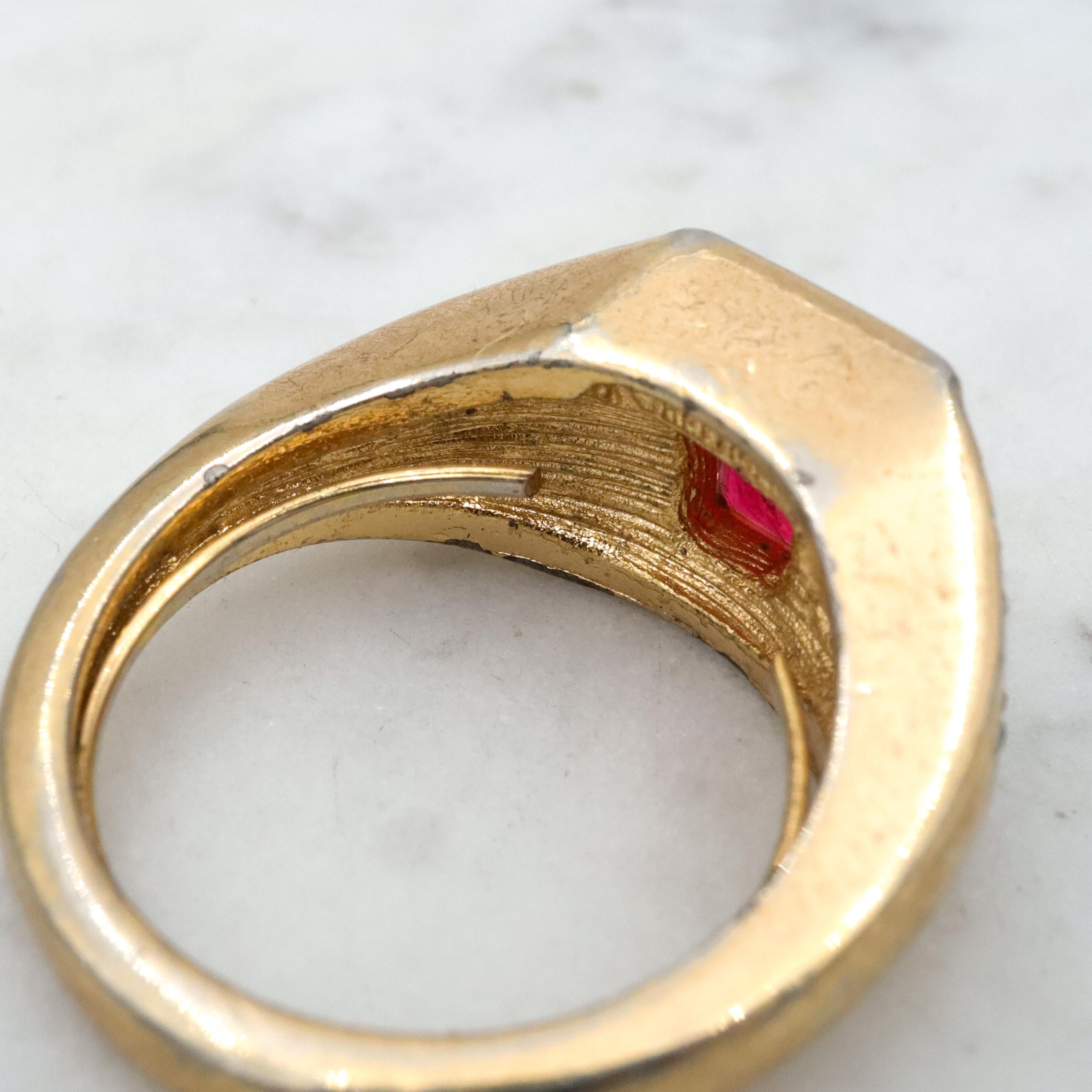 Mid Century Christian Dior gold plated faux ruby & rhinestone cocktail ring, sz 7