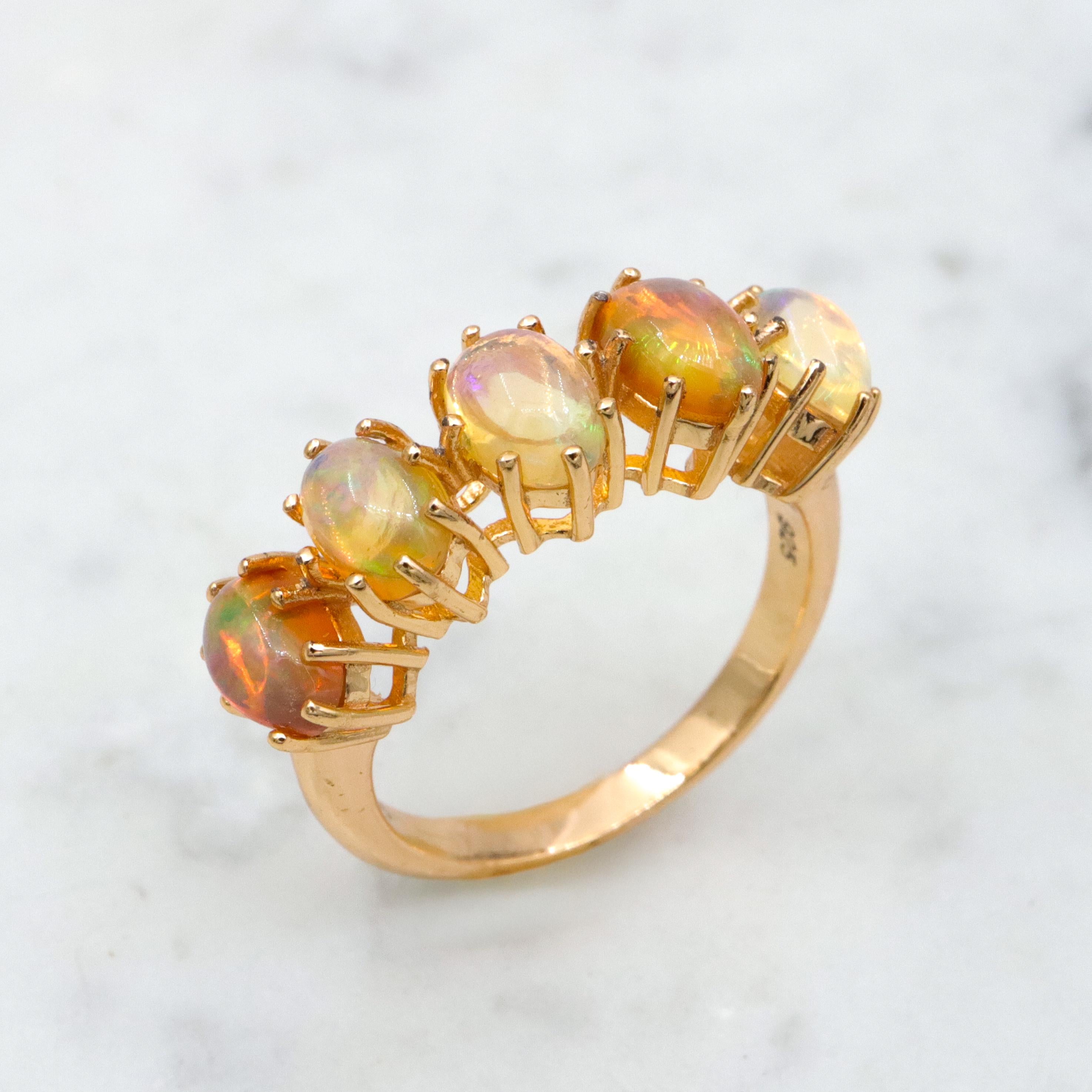 Vintage Stauer gold plated sterling ethiopian opal 5-stone ring, sz 6