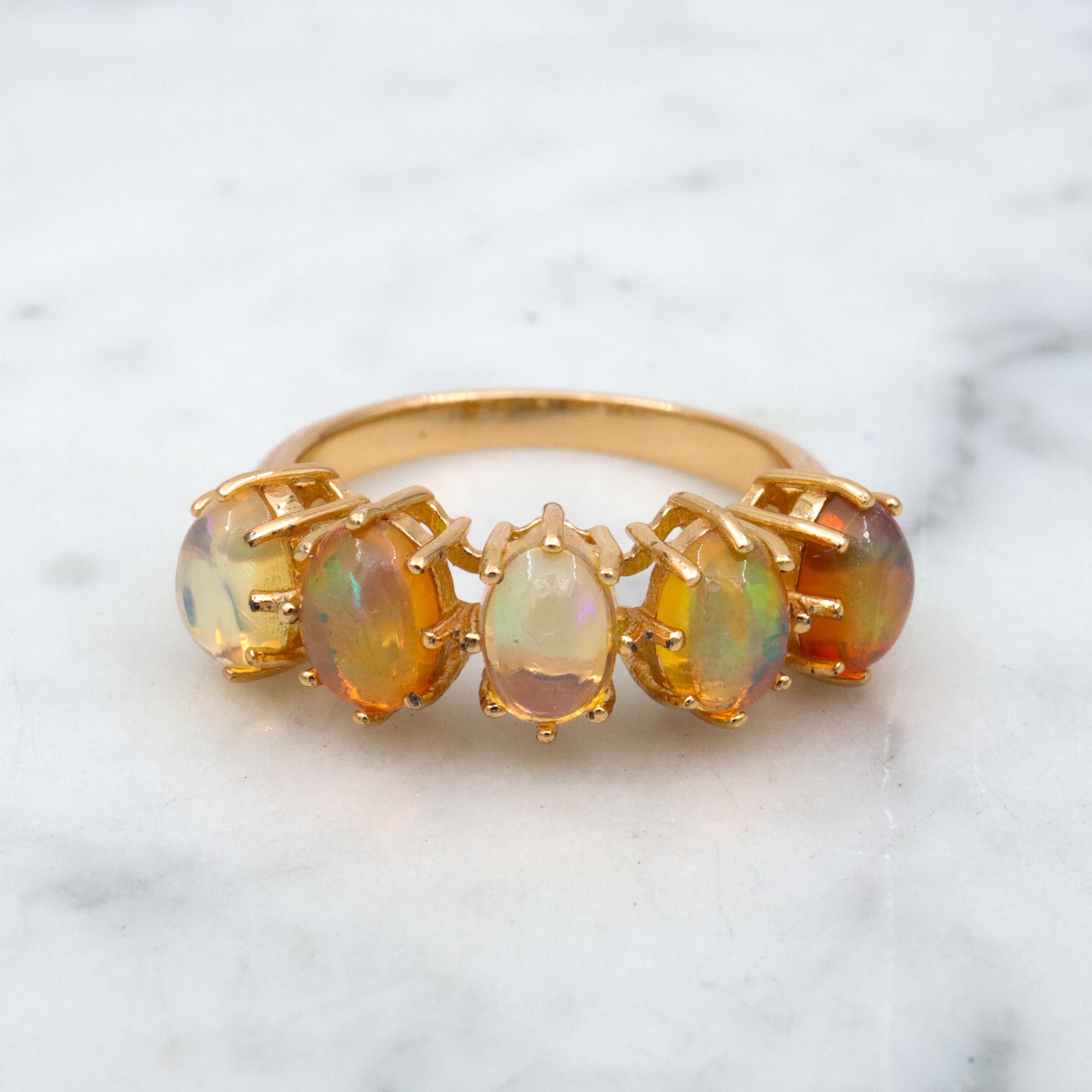 Vintage Stauer gold plated sterling ethiopian opal 5-stone ring, sz 6