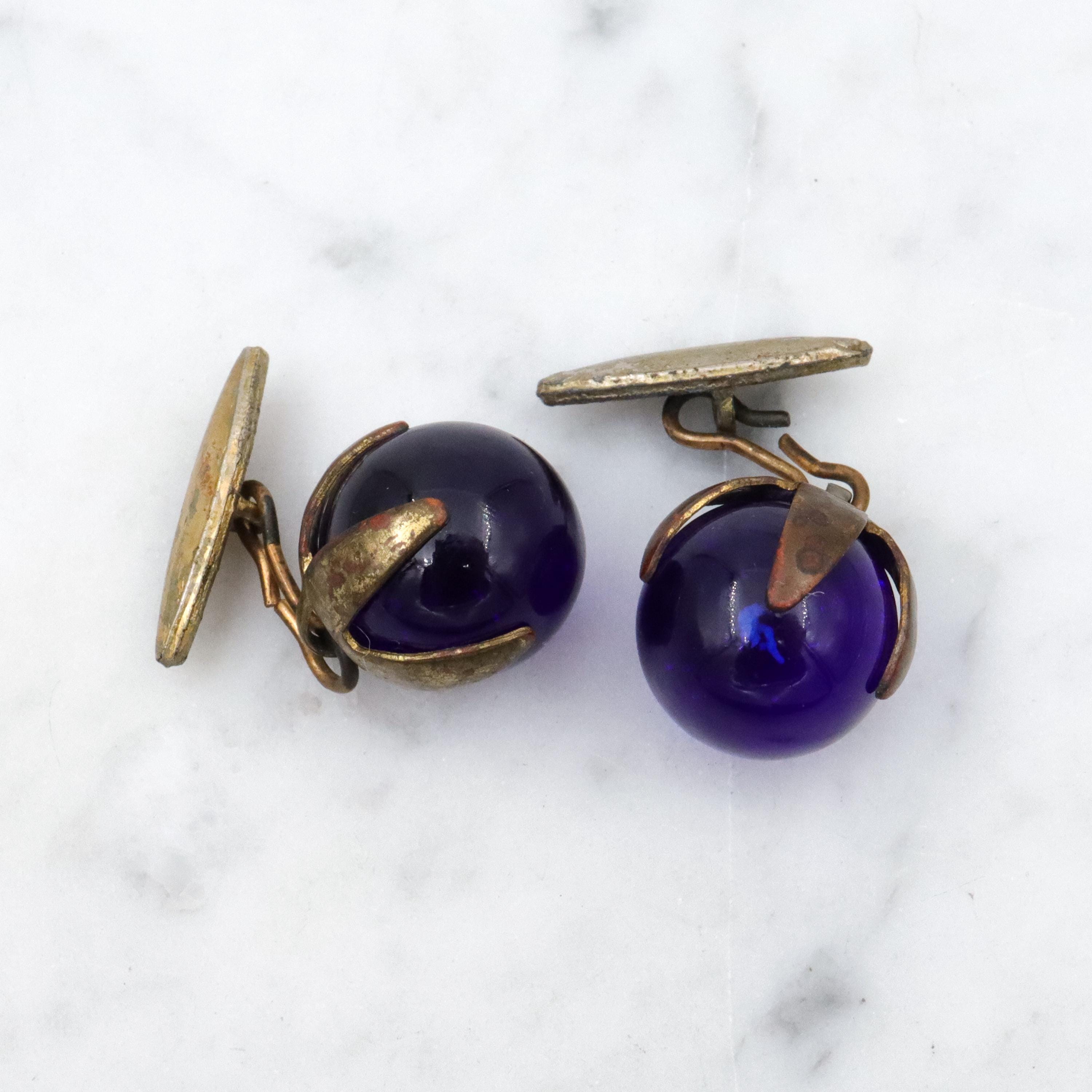 Antique cobalt blue glass sphere brass cuff links