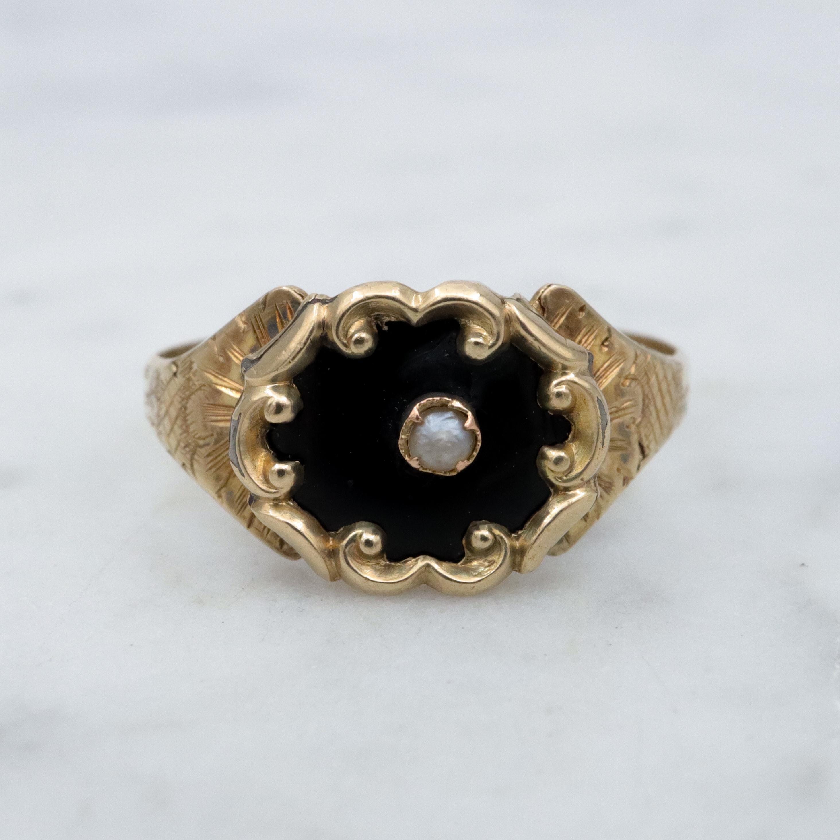Antique Victorian 10k black enamel & pearl mourning ring, size 6.5