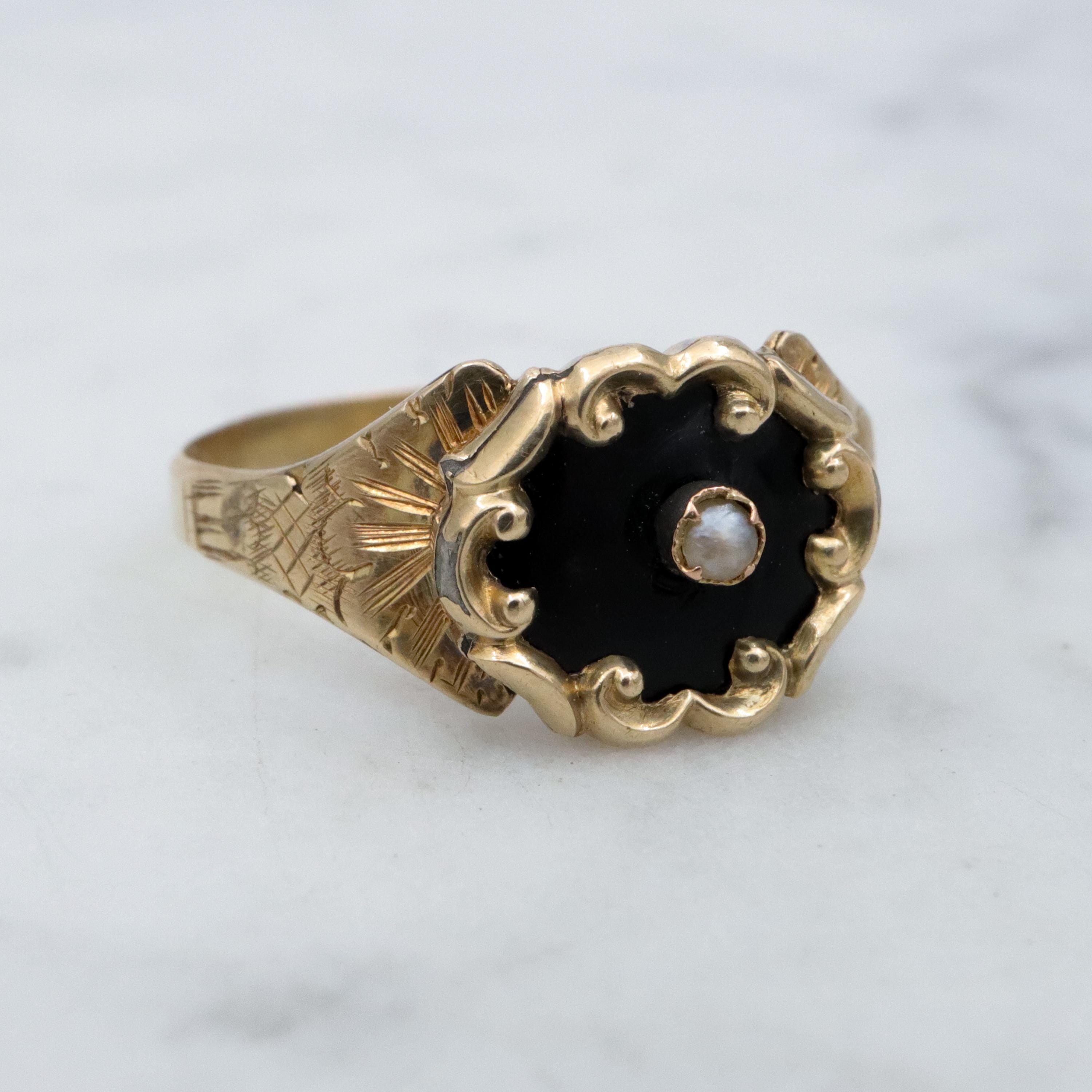 Antique Victorian 10k black enamel & pearl mourning ring, size 6.5