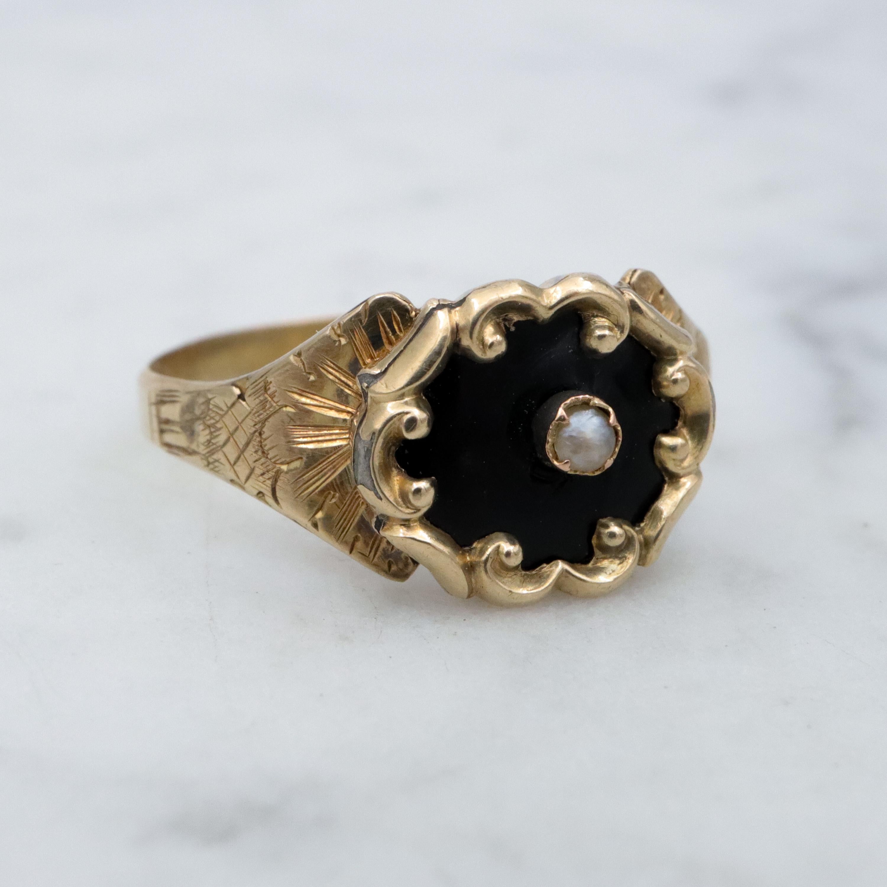 Antique Victorian 10k gold black enamel & pearl mourning ring, size 6.5