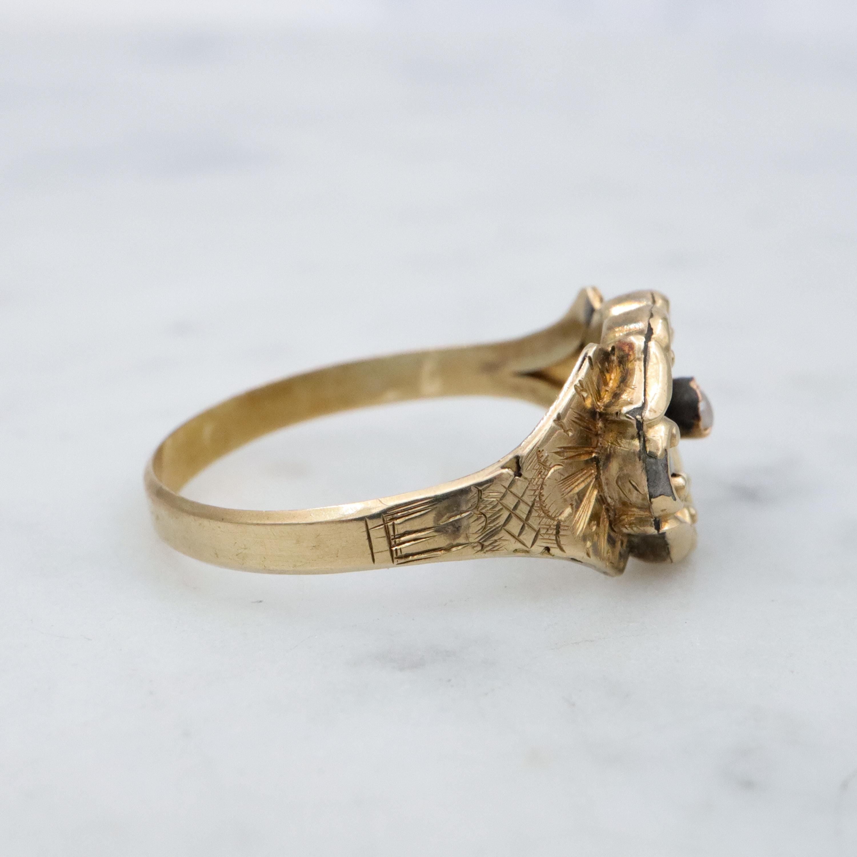Antique Victorian 10k black enamel & pearl mourning ring, size 6.5