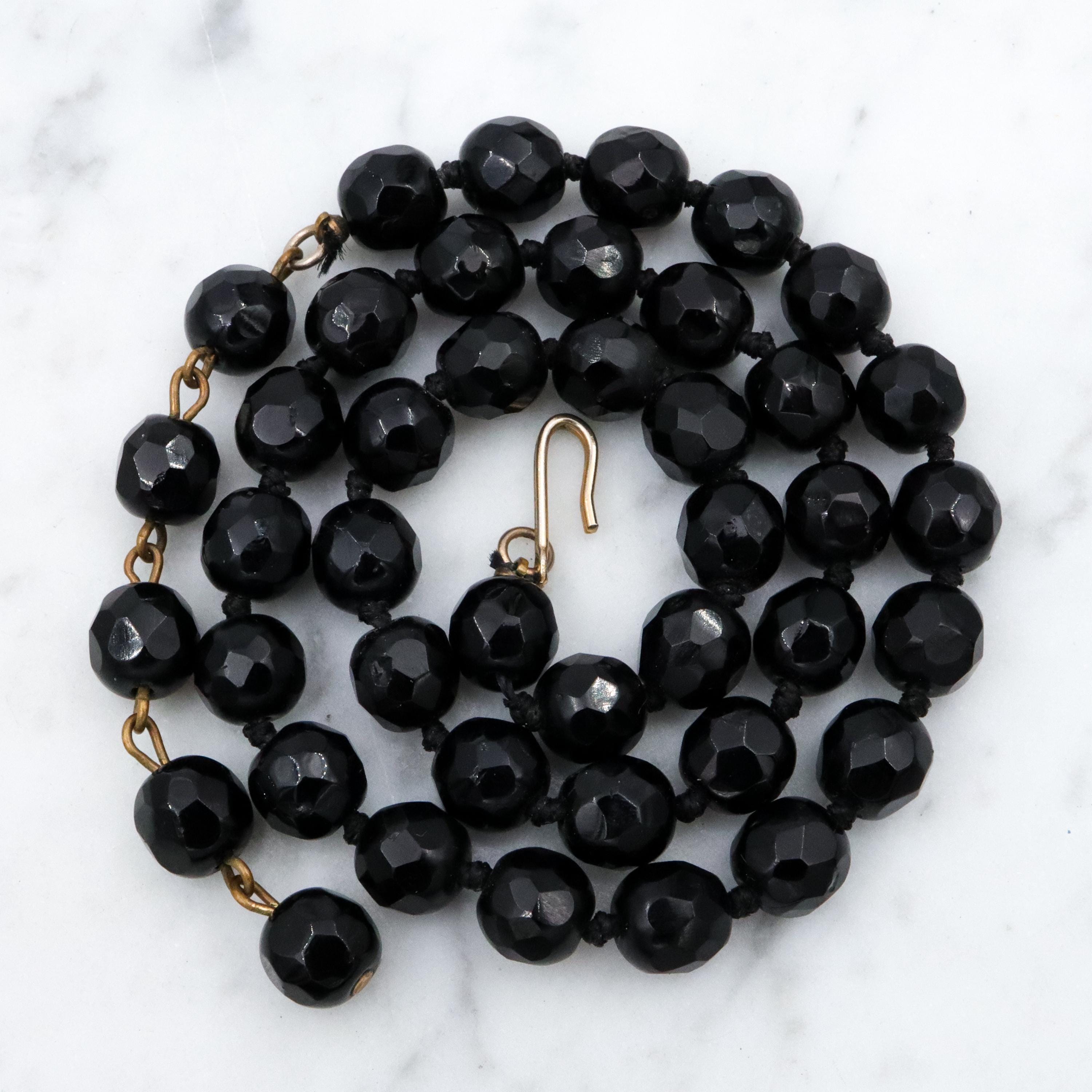 Antique French jet black glass beaded necklace