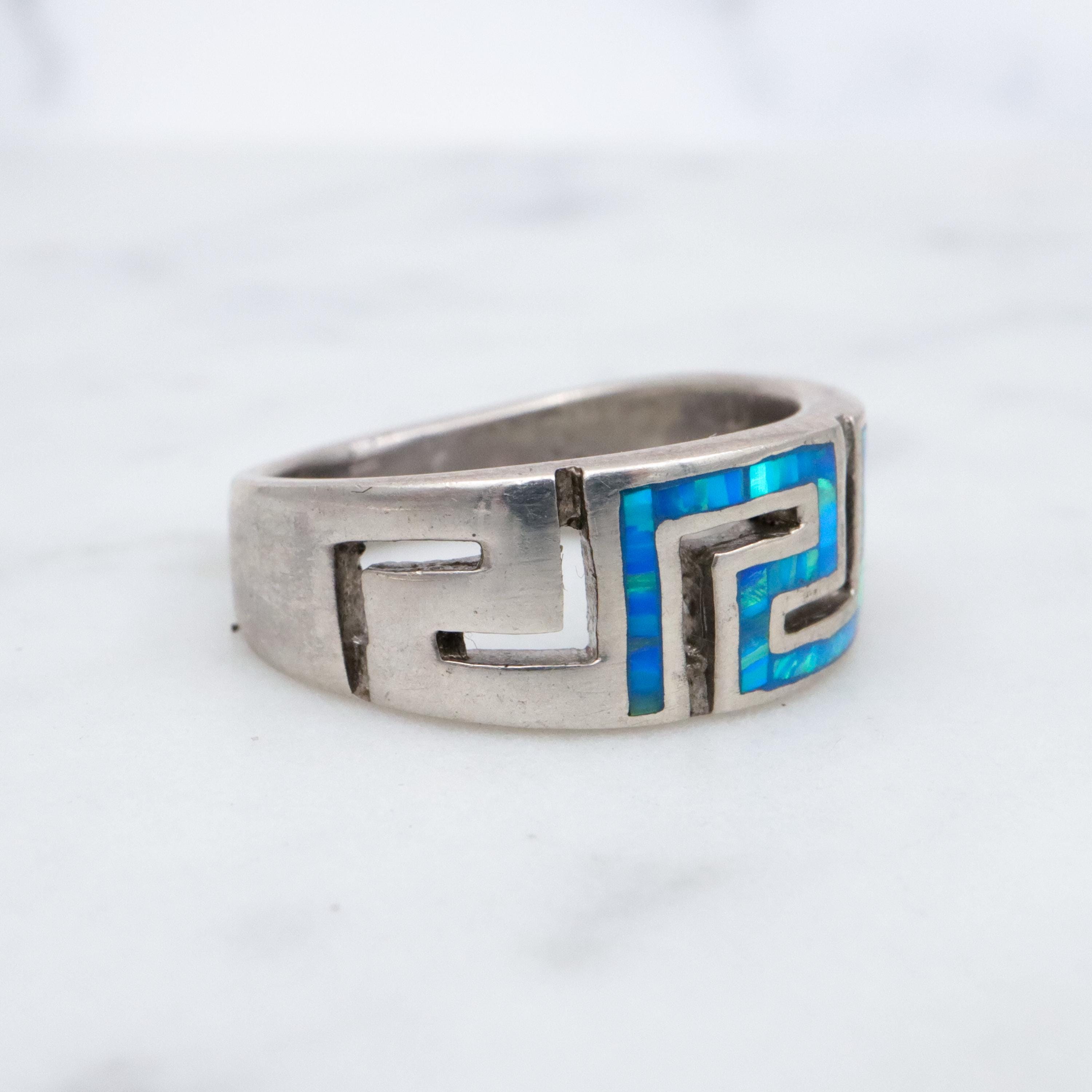 Vintage sterling opal inlay greek key ring, sz 5.5