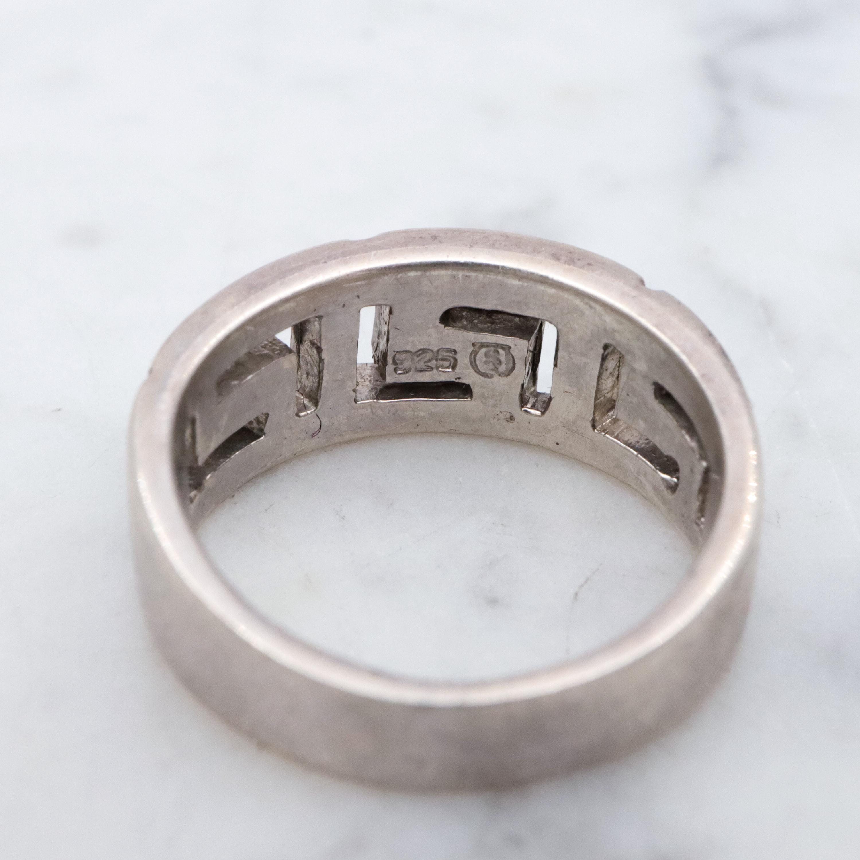 Vintage sterling opal inlay greek key ring, sz 5.5