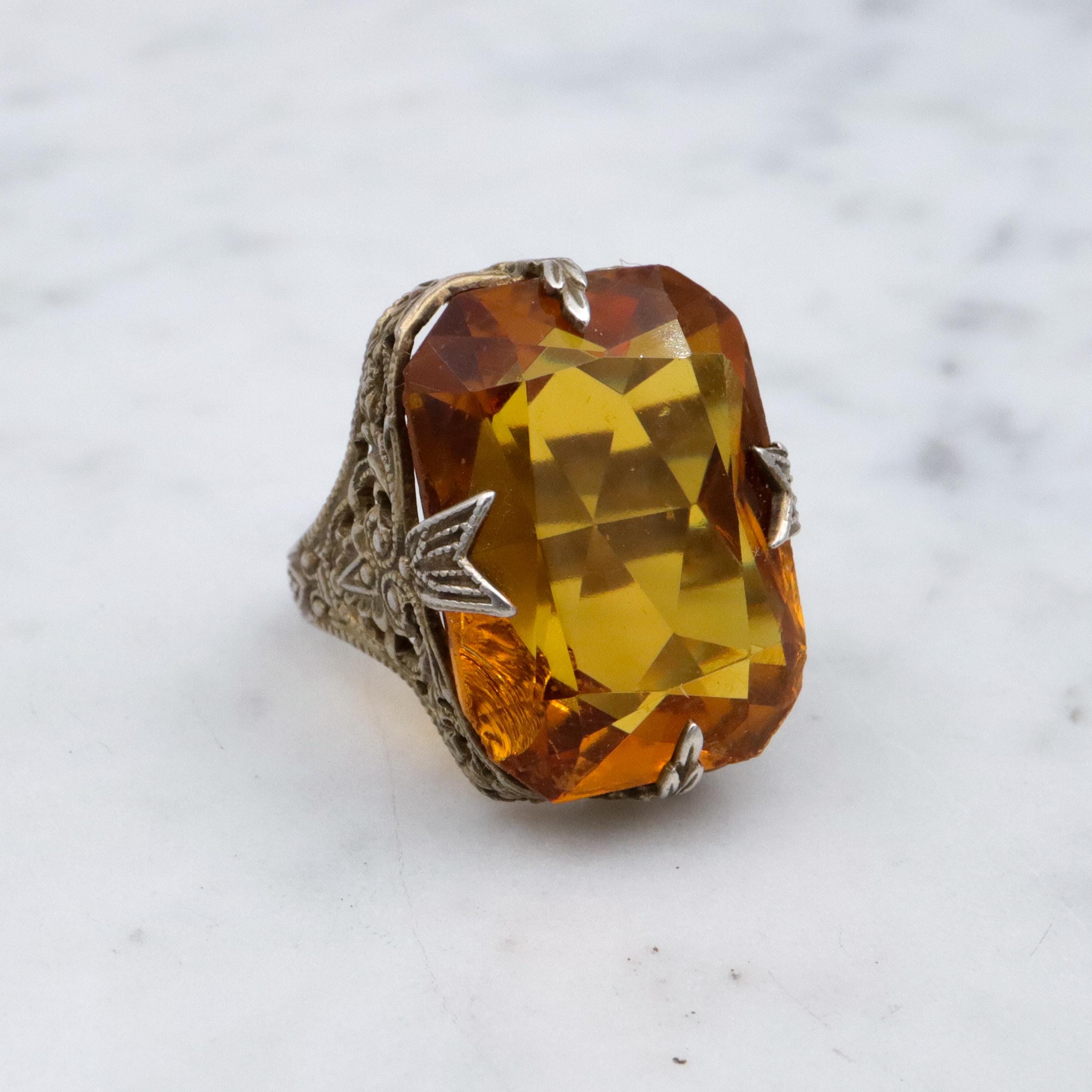 Antique Art Deco gilt sterling faux citrine filigree ring, sz 3.75