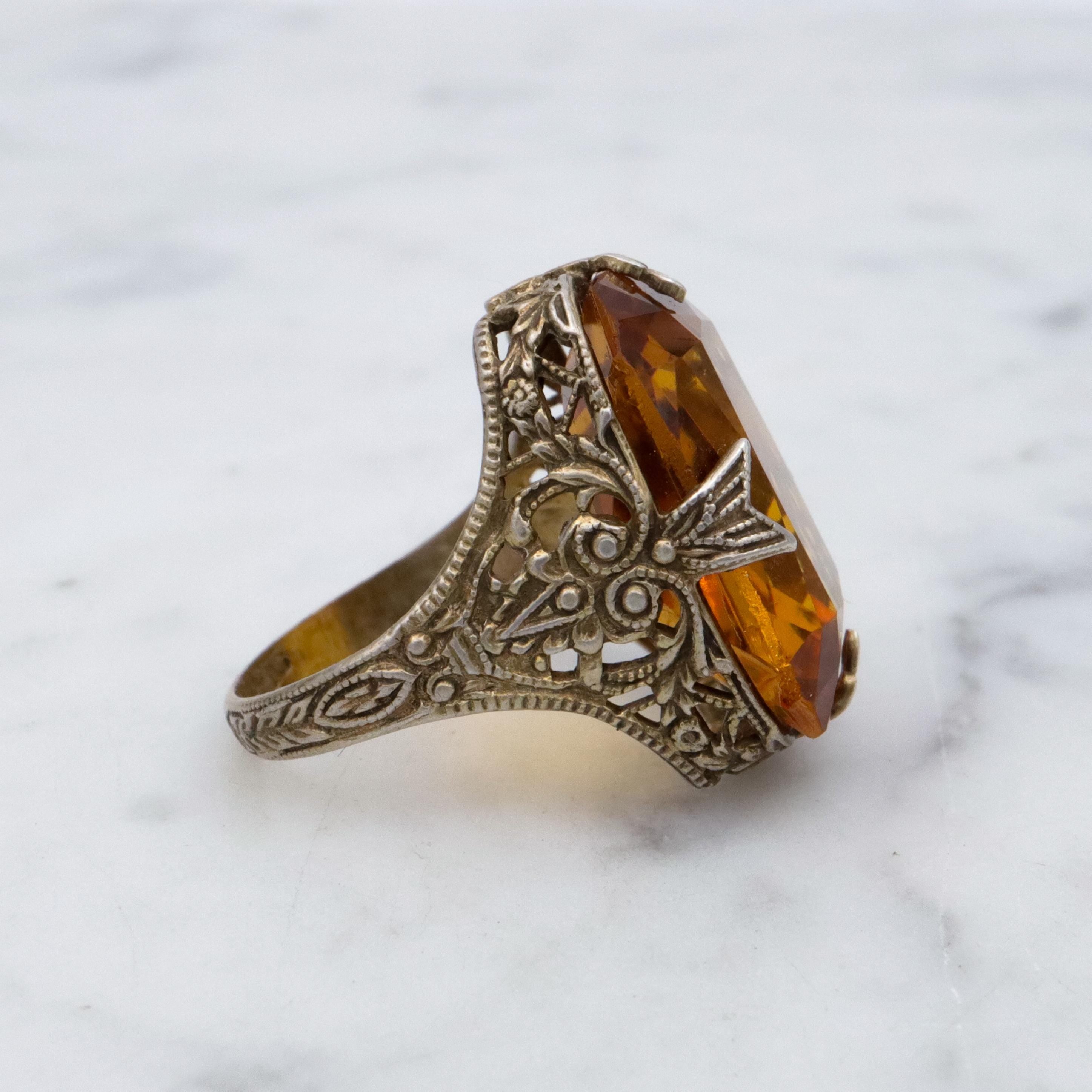Antique Art Deco gilt sterling faux citrine filigree ring, sz 3.75