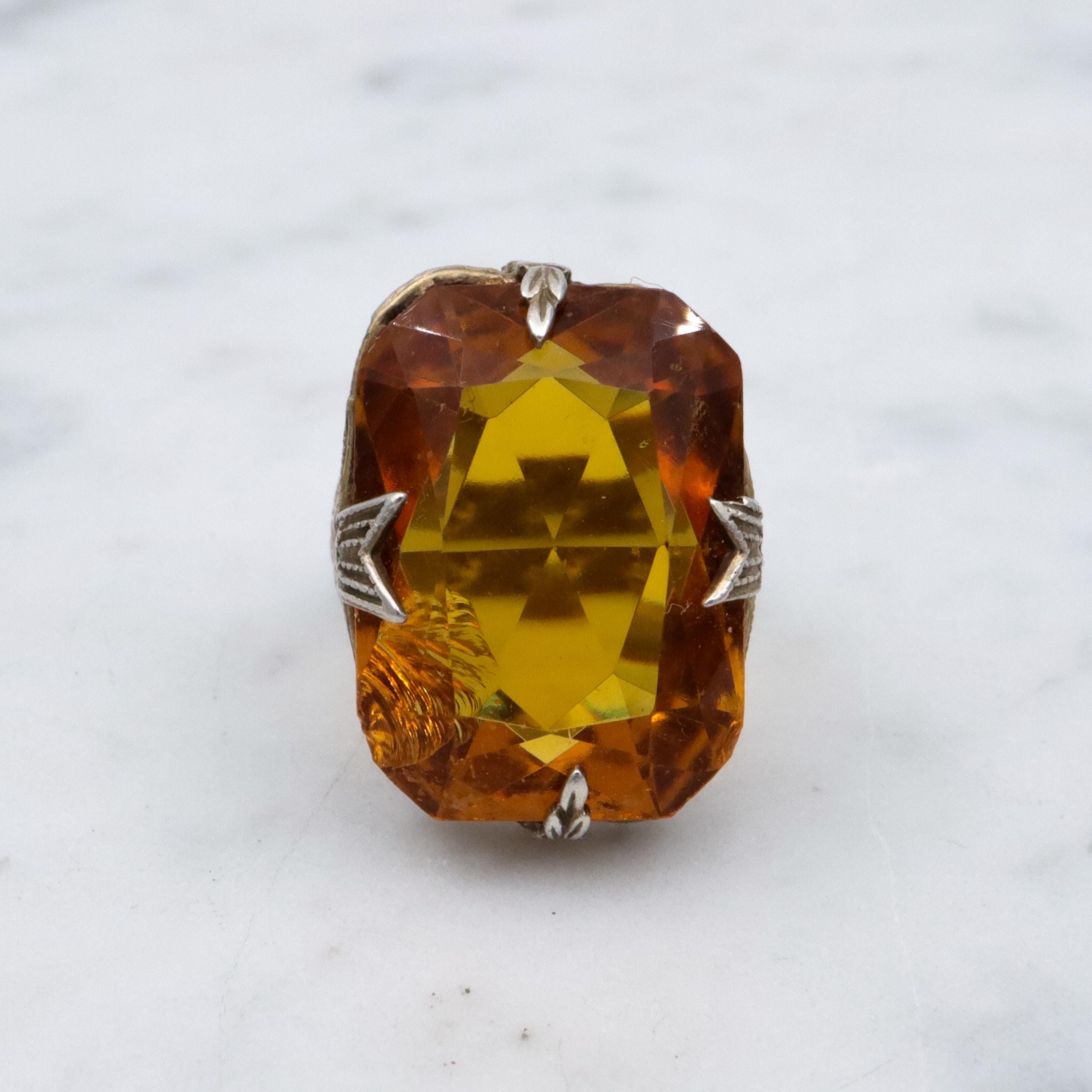 Antique Art Deco gilt sterling faux citrine filigree ring, sz 3.75