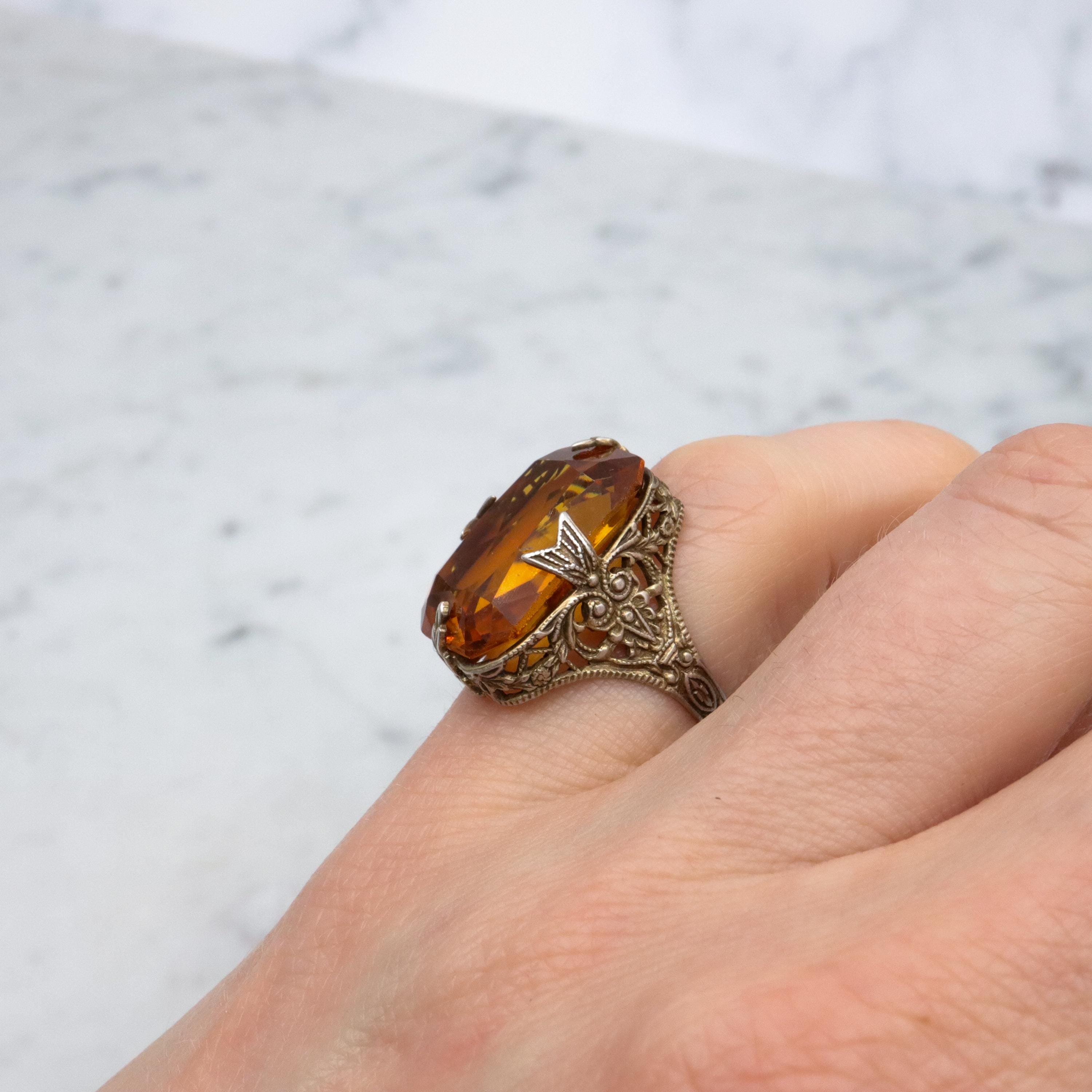 Antique Art Deco gilt sterling faux citrine filigree ring, sz 3.75