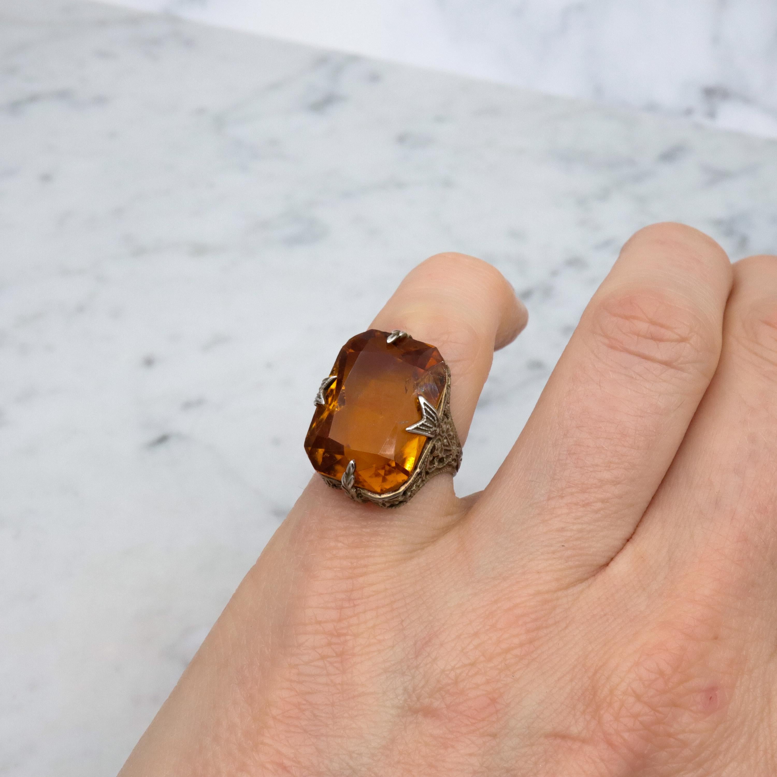 Antique Art Deco gilt sterling faux citrine filigree ring, sz 3.75