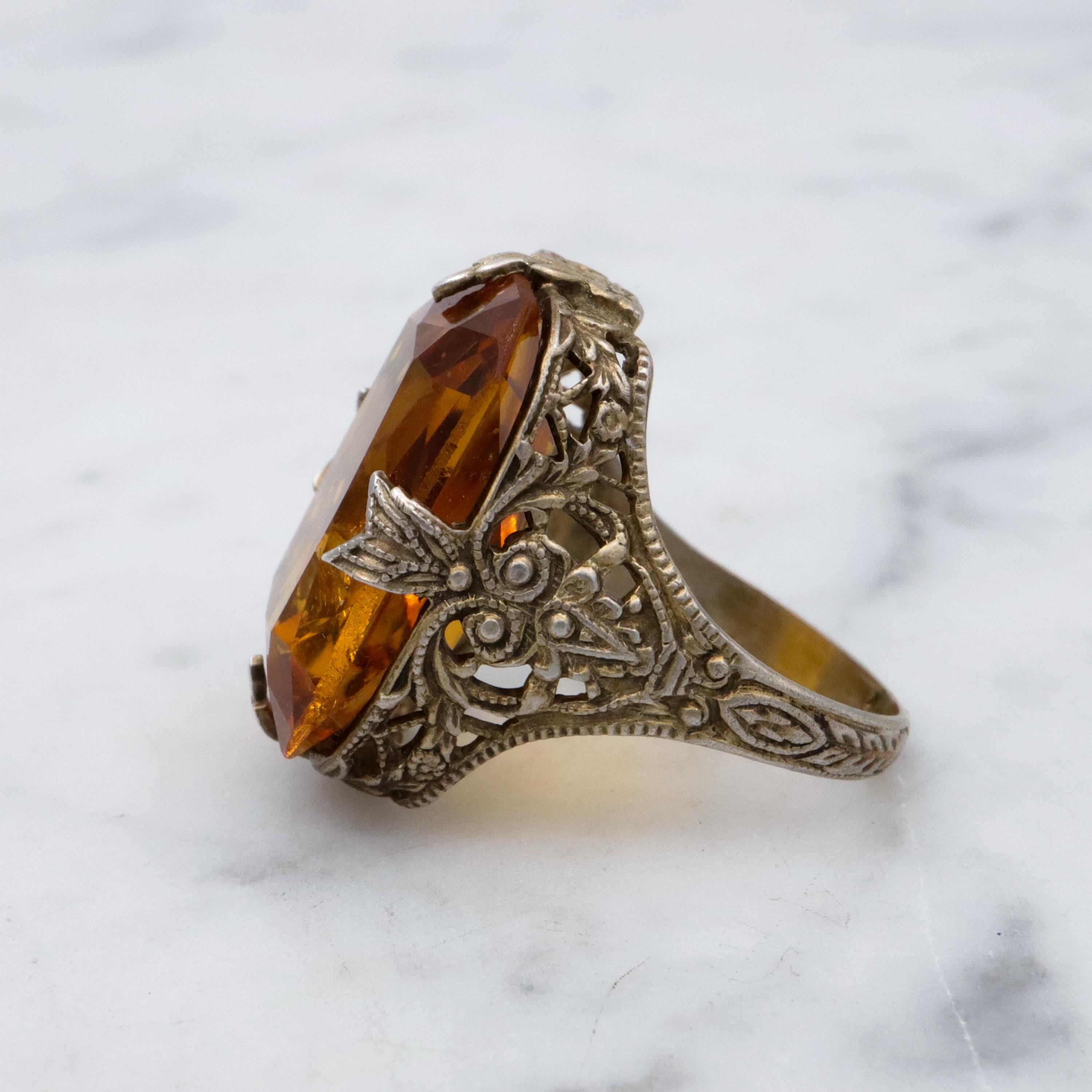 Antique Art Deco gilt sterling faux citrine filigree ring, sz 3.75