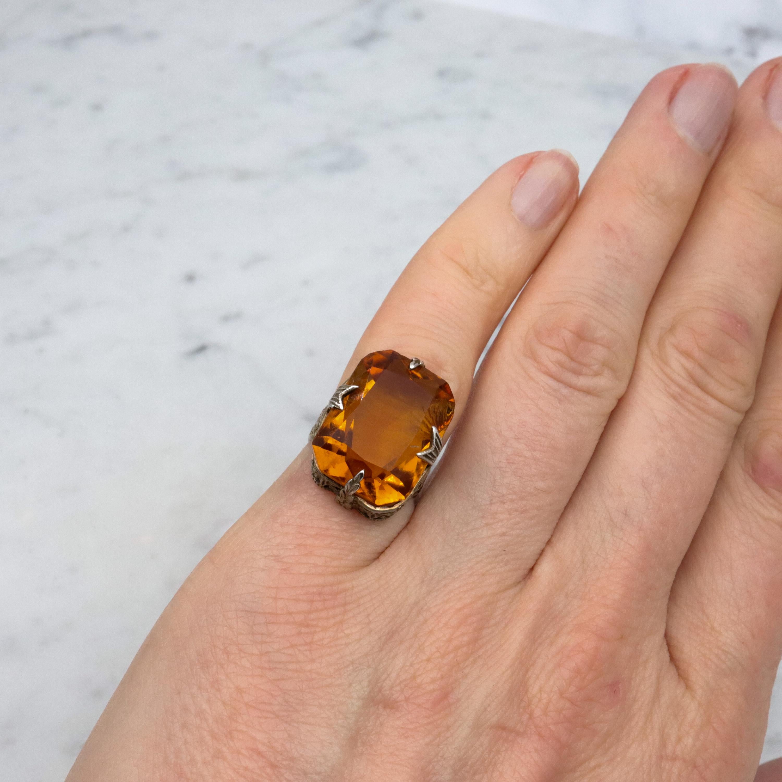 Antique Art Deco gilt sterling faux citrine filigree ring, sz 3.75