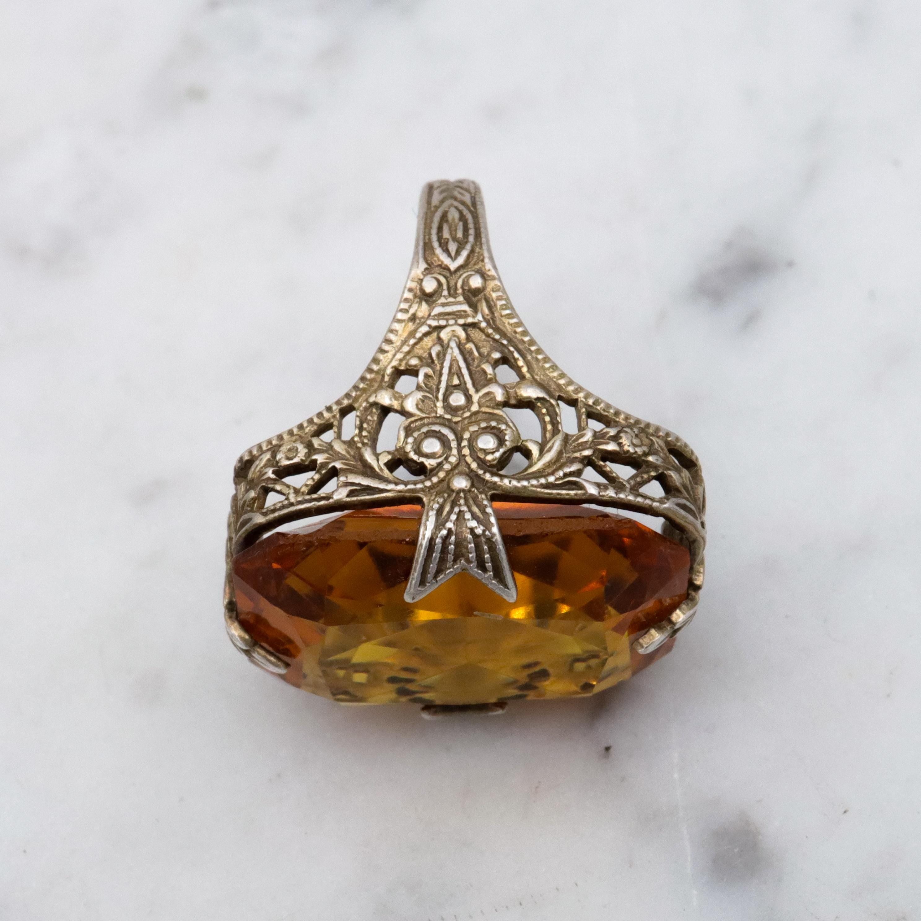 Antique Art Deco gilt sterling faux citrine filigree ring, sz 3.75