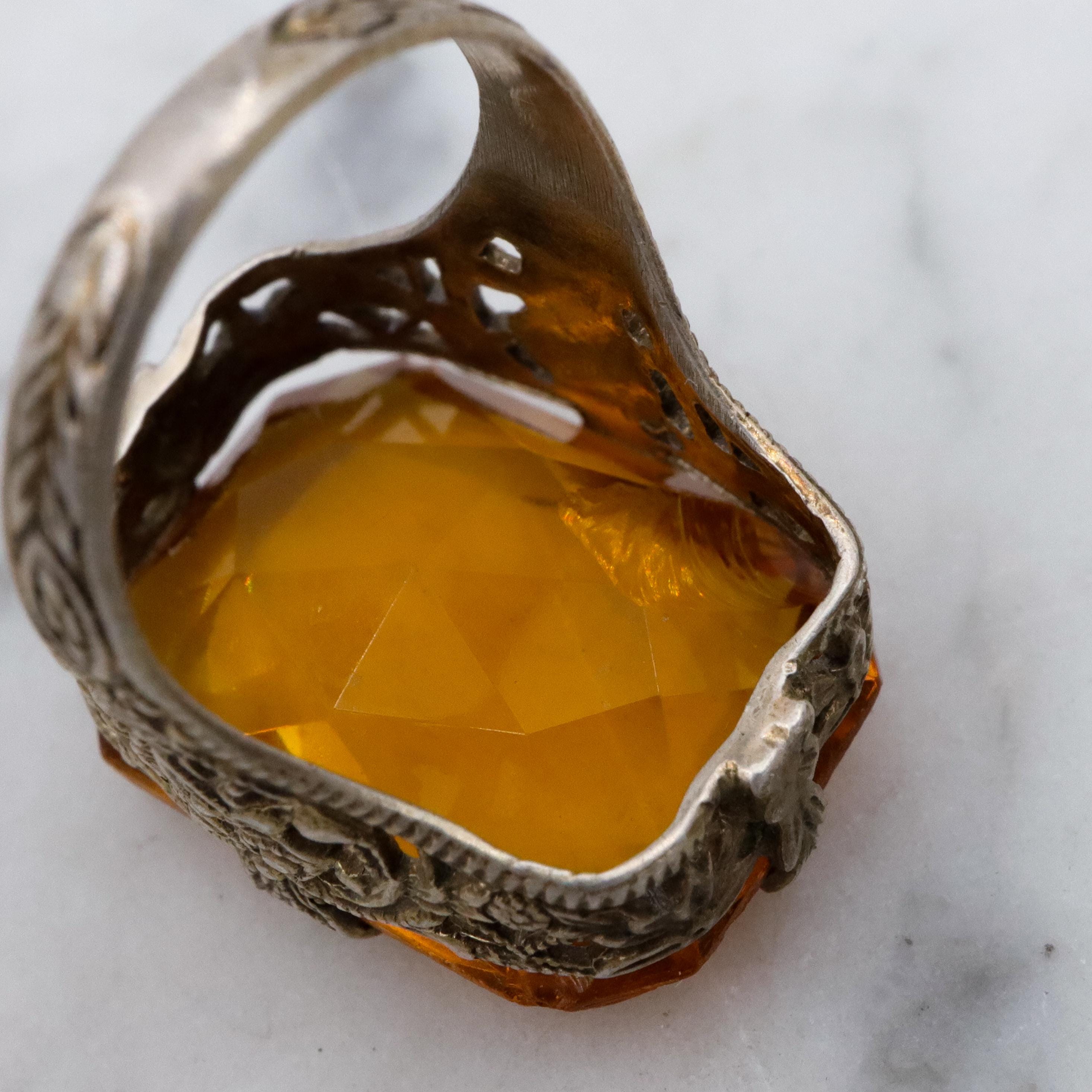 Antique Art Deco gilt sterling faux citrine filigree ring, sz 3.75