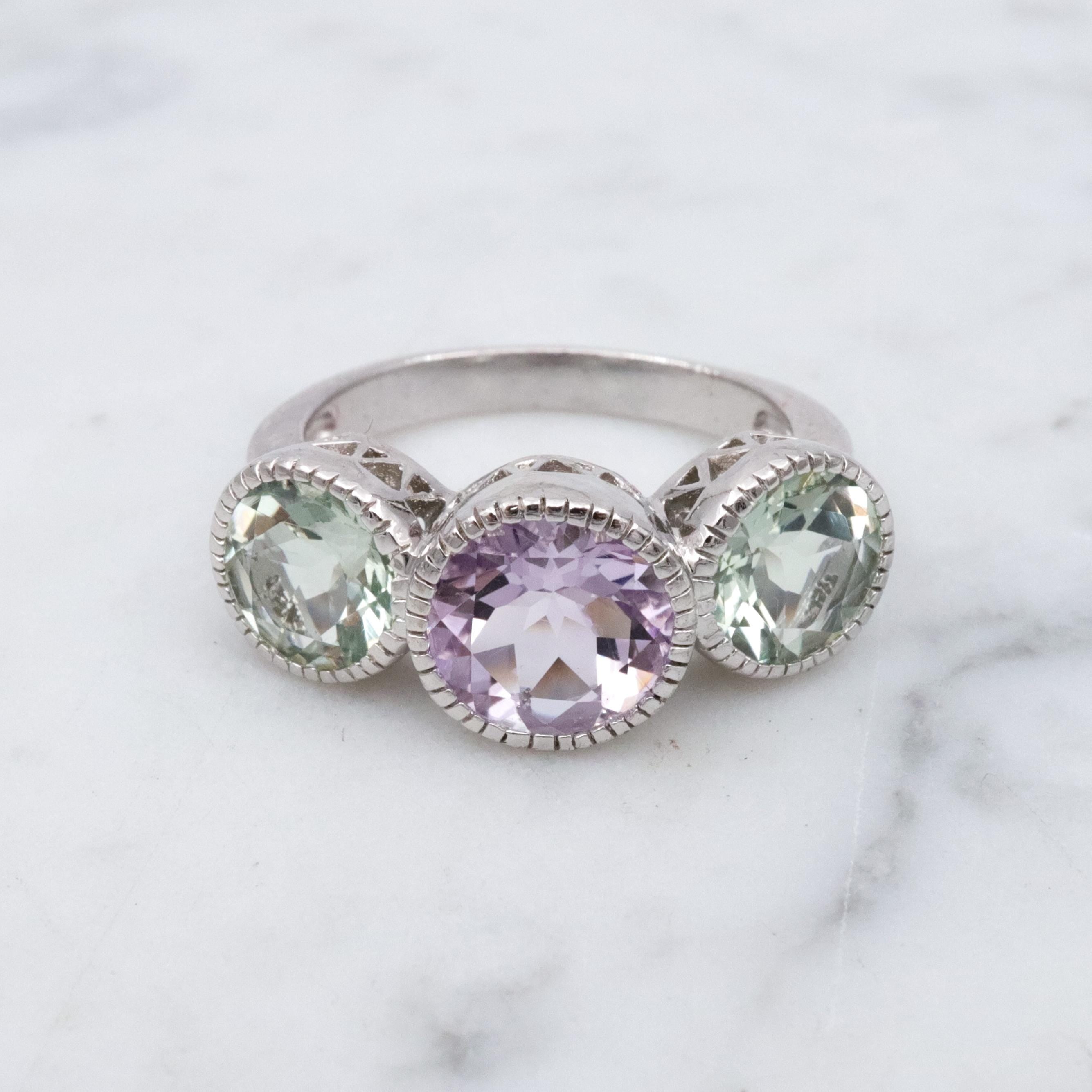 Vintage amethyst & tourmaline sterling three-stone ring, size 7