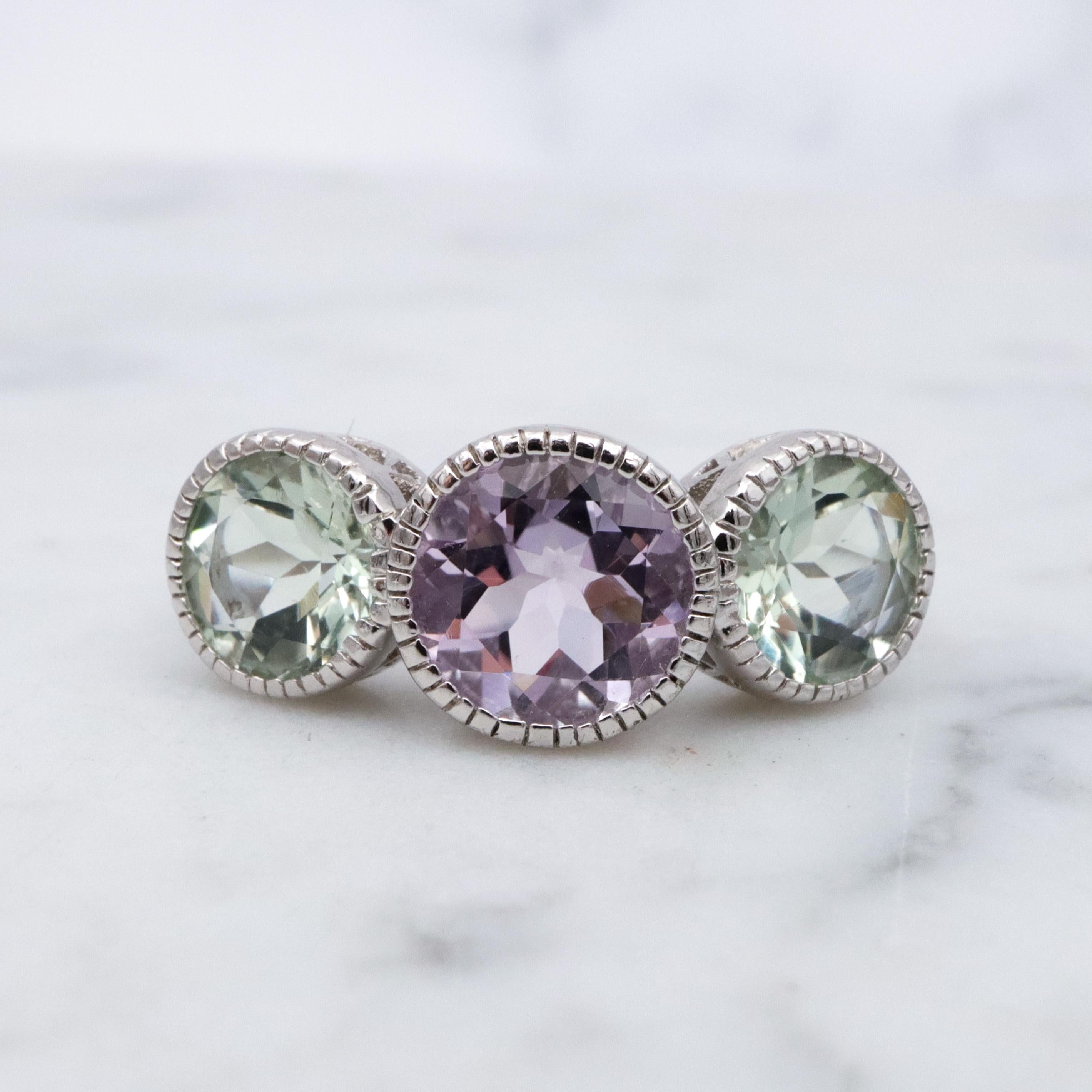 Vintage amethyst & tourmaline sterling three-stone ring, size 7