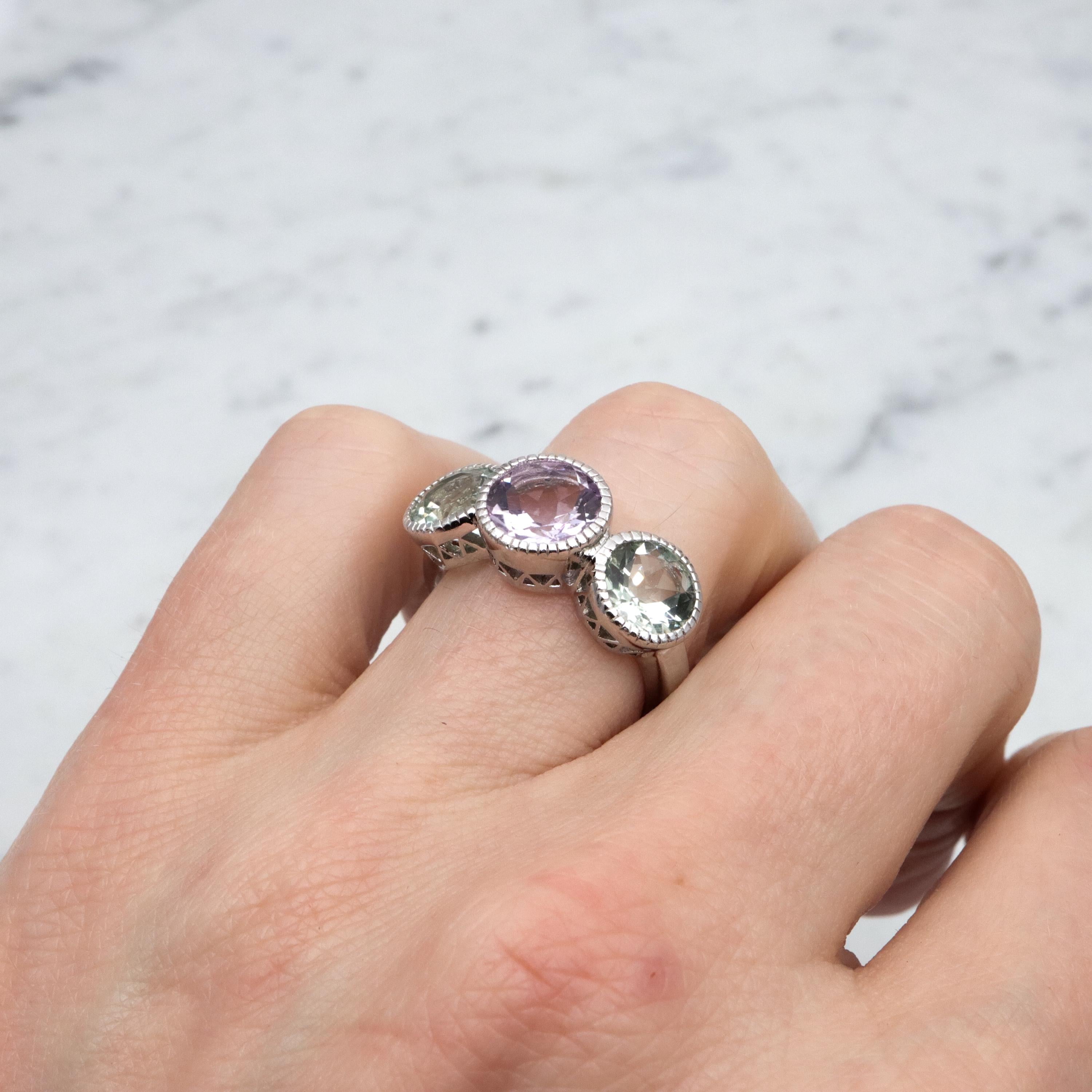 Vintage amethyst & tourmaline sterling three-stone ring, size 7