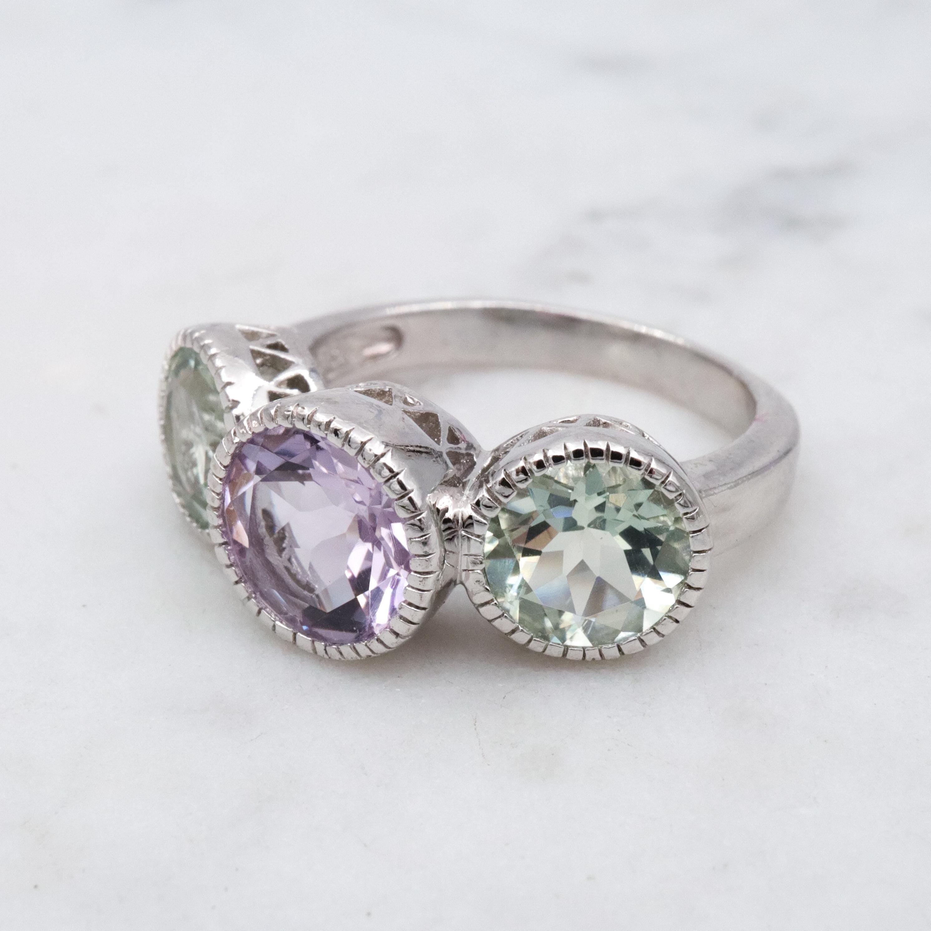 Vintage amethyst & tourmaline sterling three-stone ring, size 7
