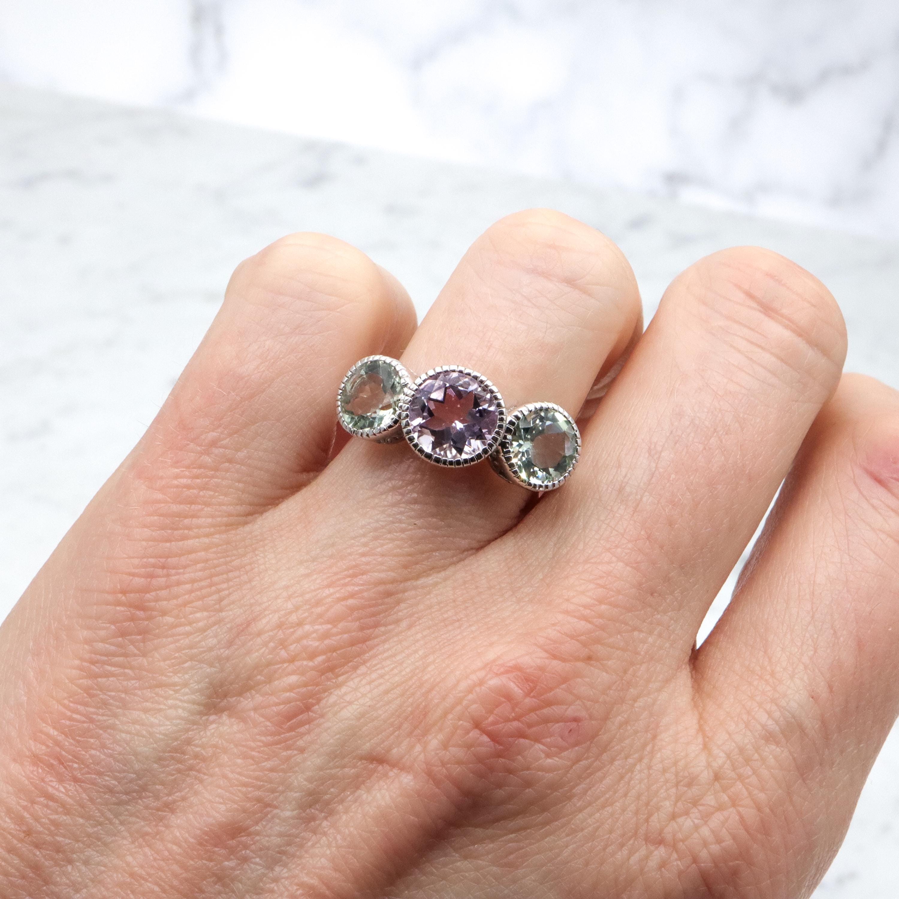 Vintage amethyst & tourmaline sterling three-stone ring, size 7
