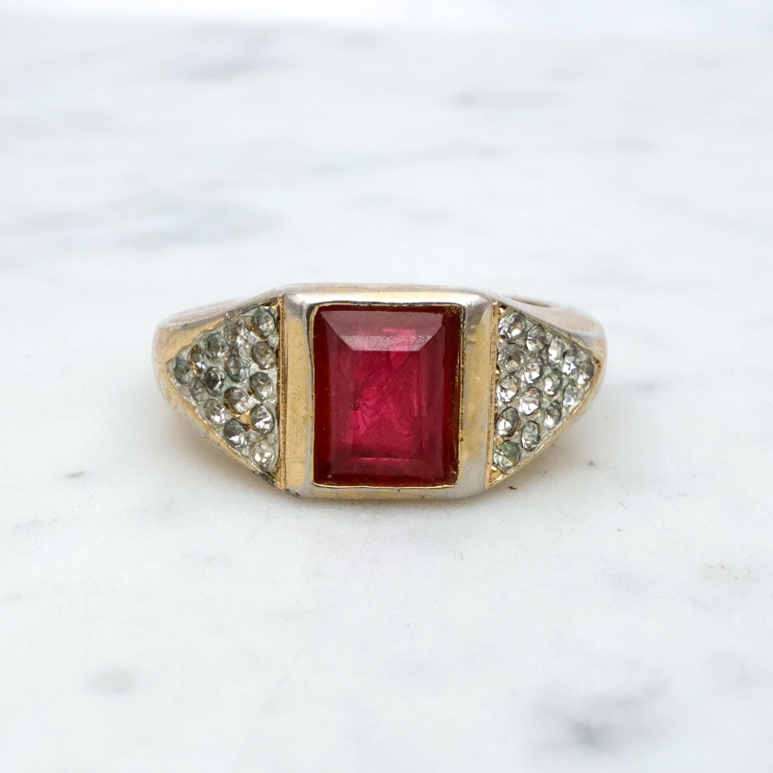 Mid Century Christian Dior gold plated faux ruby & rhinestone cocktail ring, sz 7