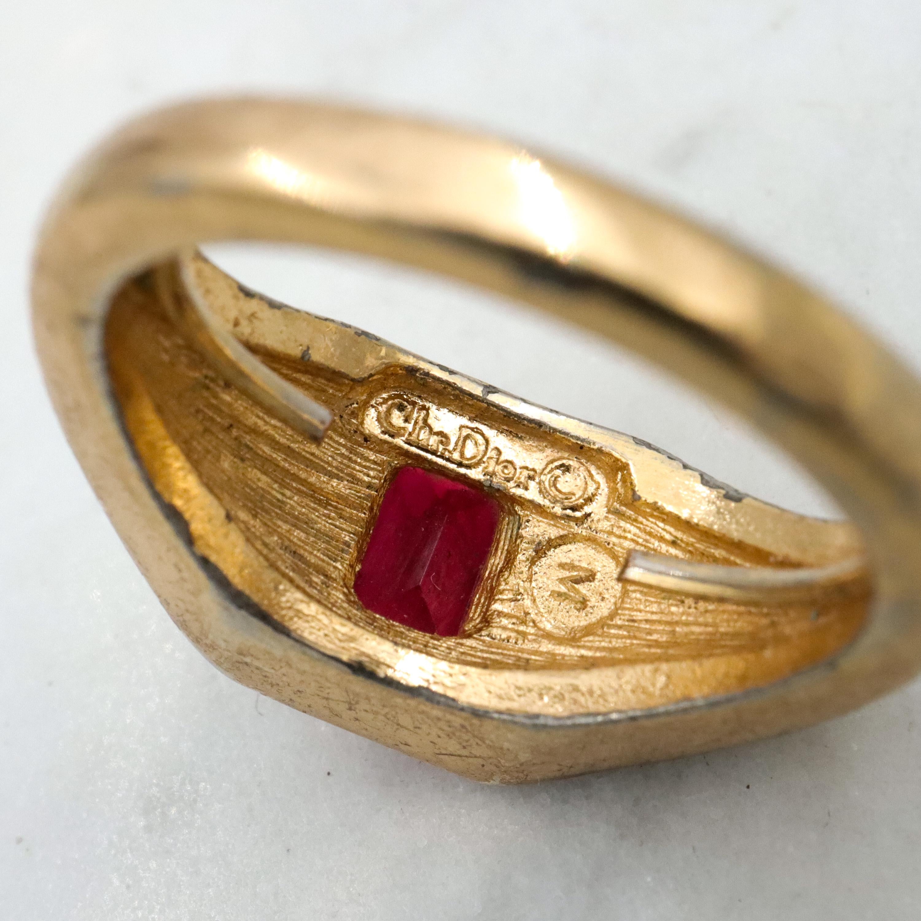 Mid Century Christian Dior gold plated faux ruby & rhinestone cocktail ring, sz 7