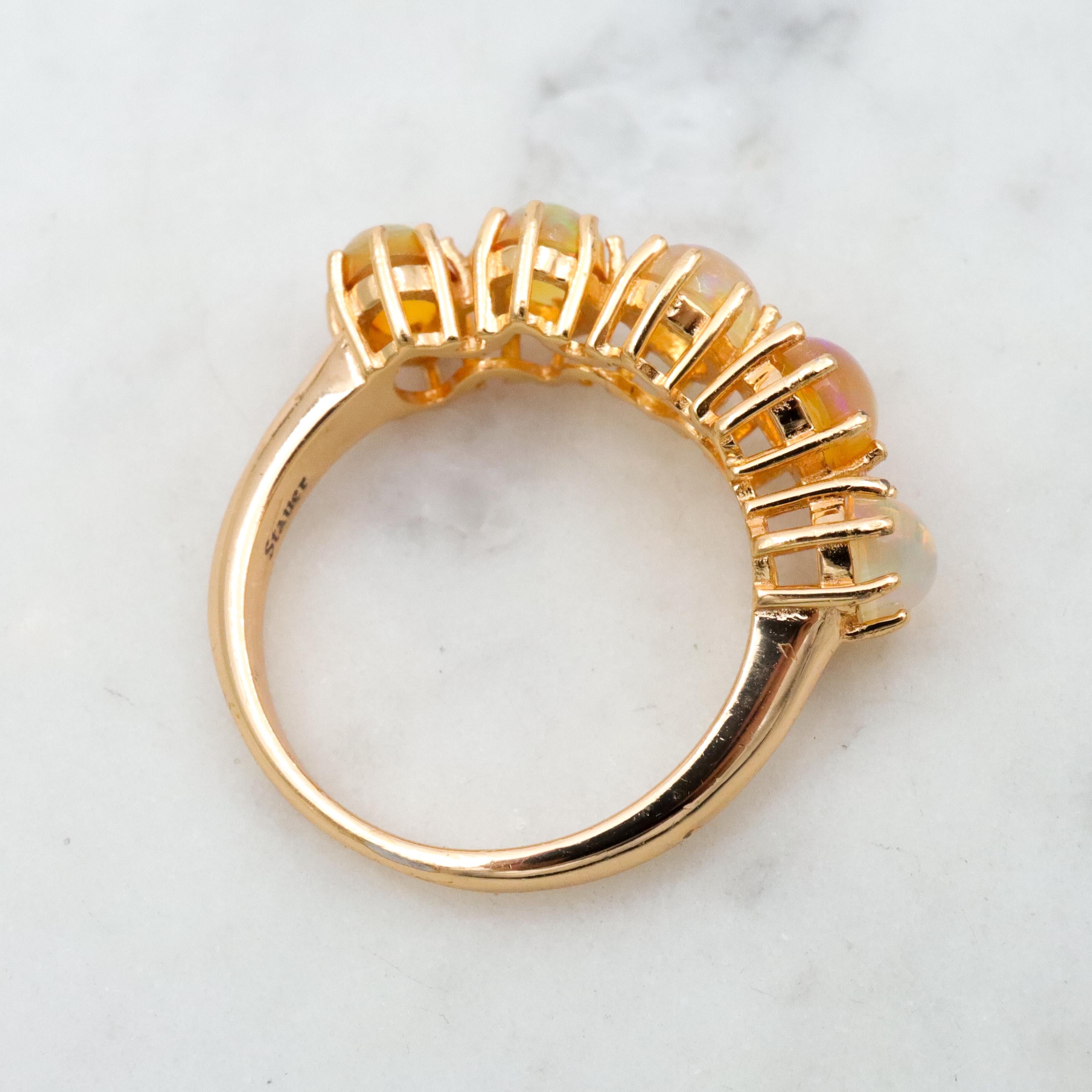Vintage Stauer gold plated sterling ethiopian opal 5-stone ring, sz 6