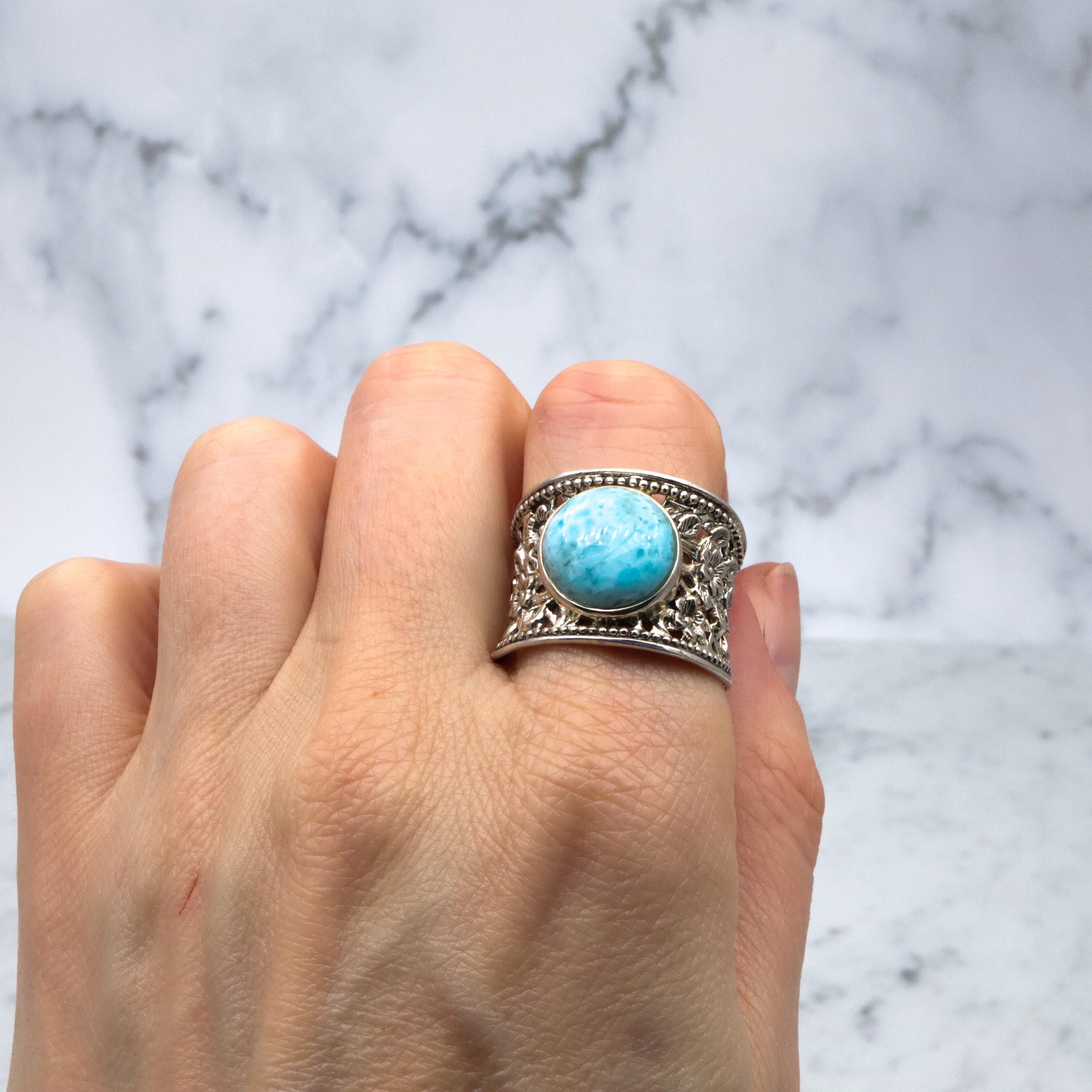 Vintage sterling larimar floral filigree ring, sz 11