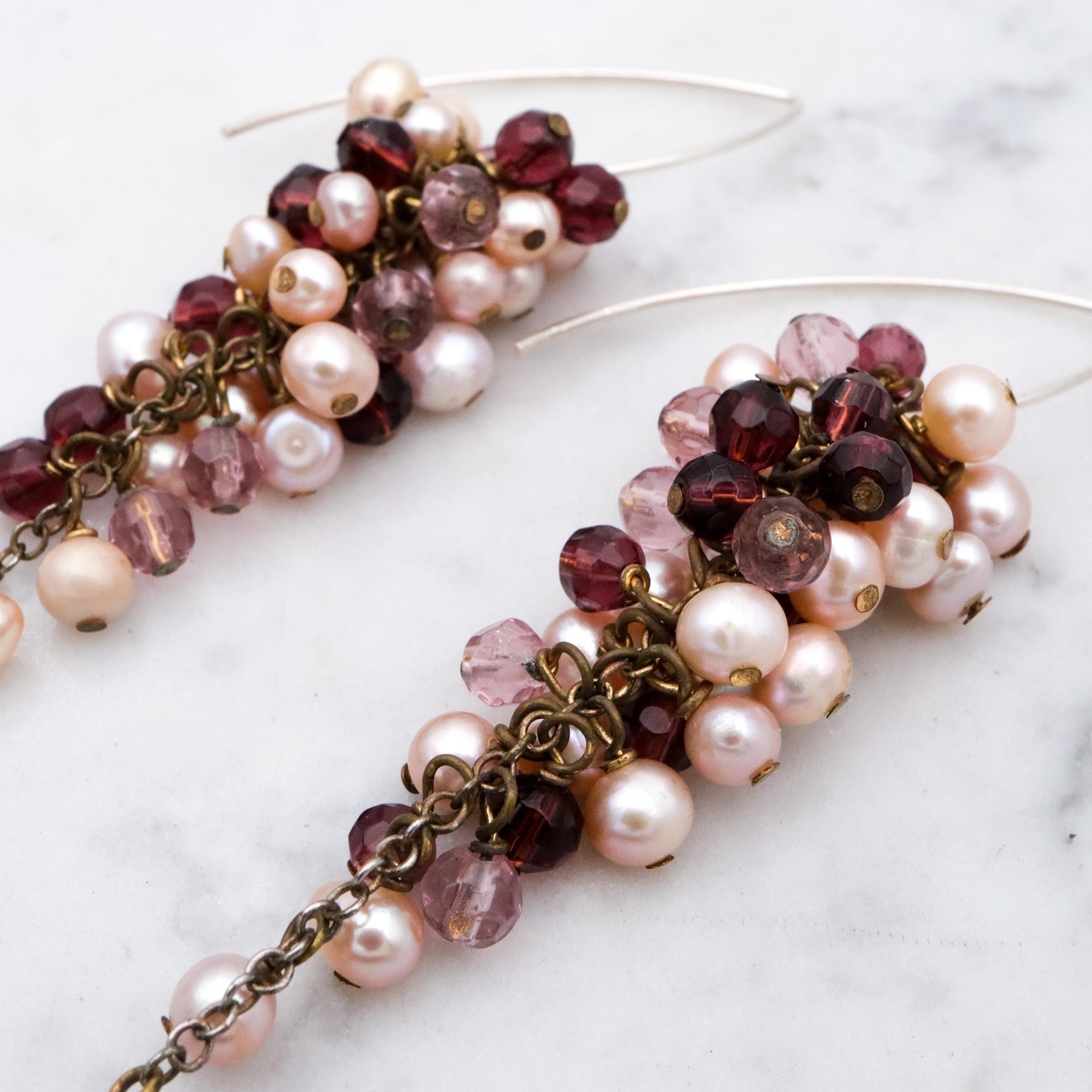 Vintage champagne pearl & amethyst glass beaded grape cluster drop earrings