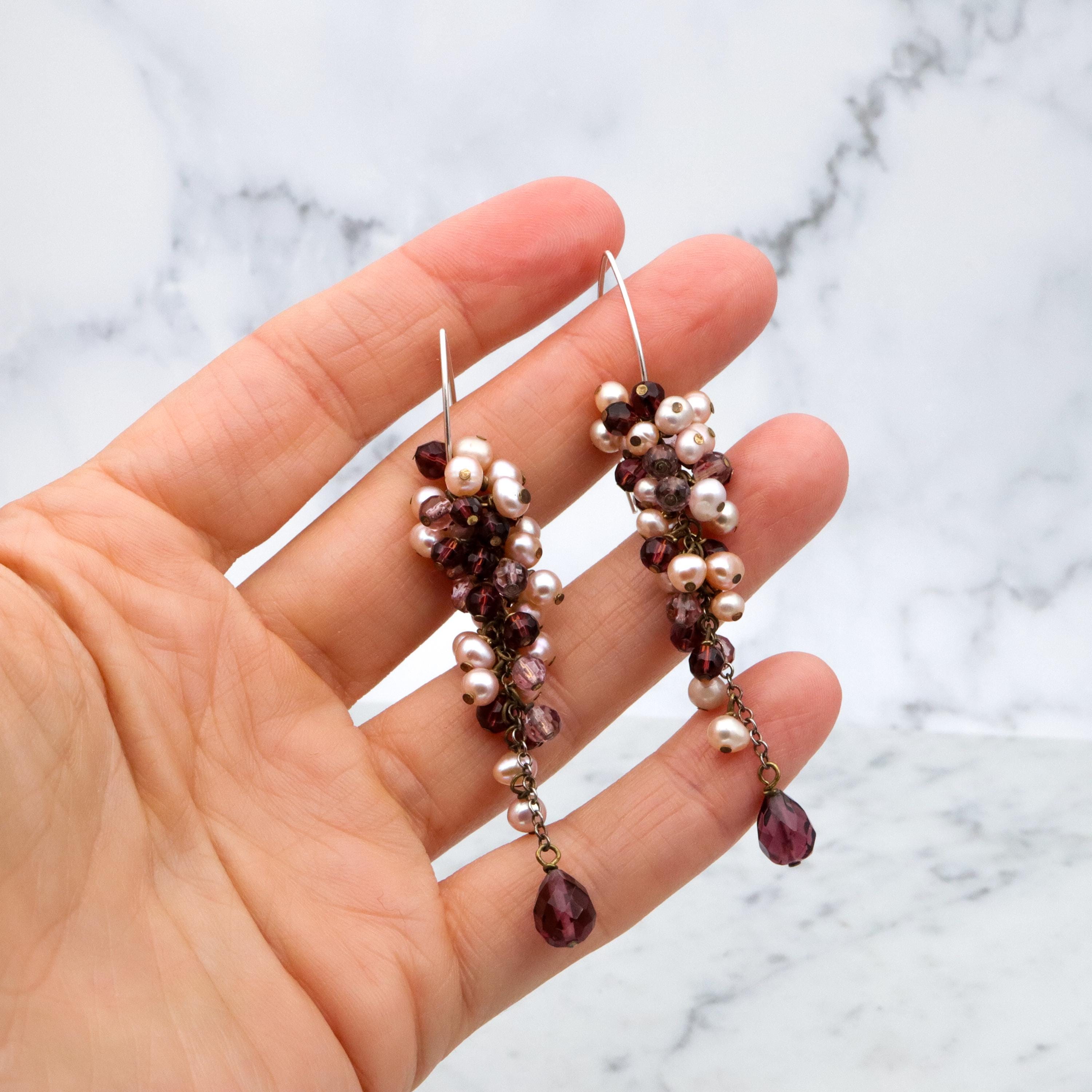 Vintage champagne pearl & amethyst glass beaded grape cluster drop earrings