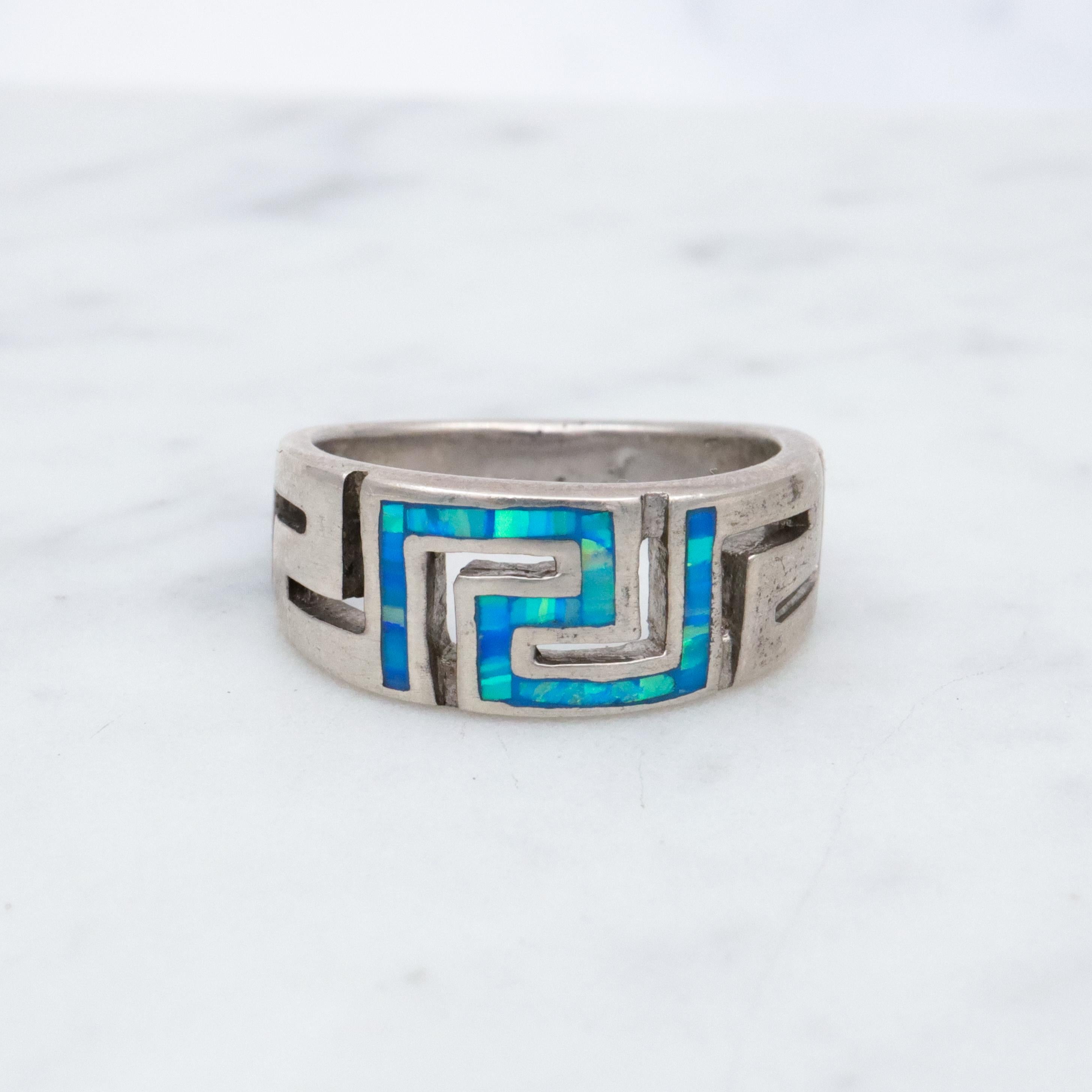Vintage sterling opal inlay greek key ring, sz 5.5