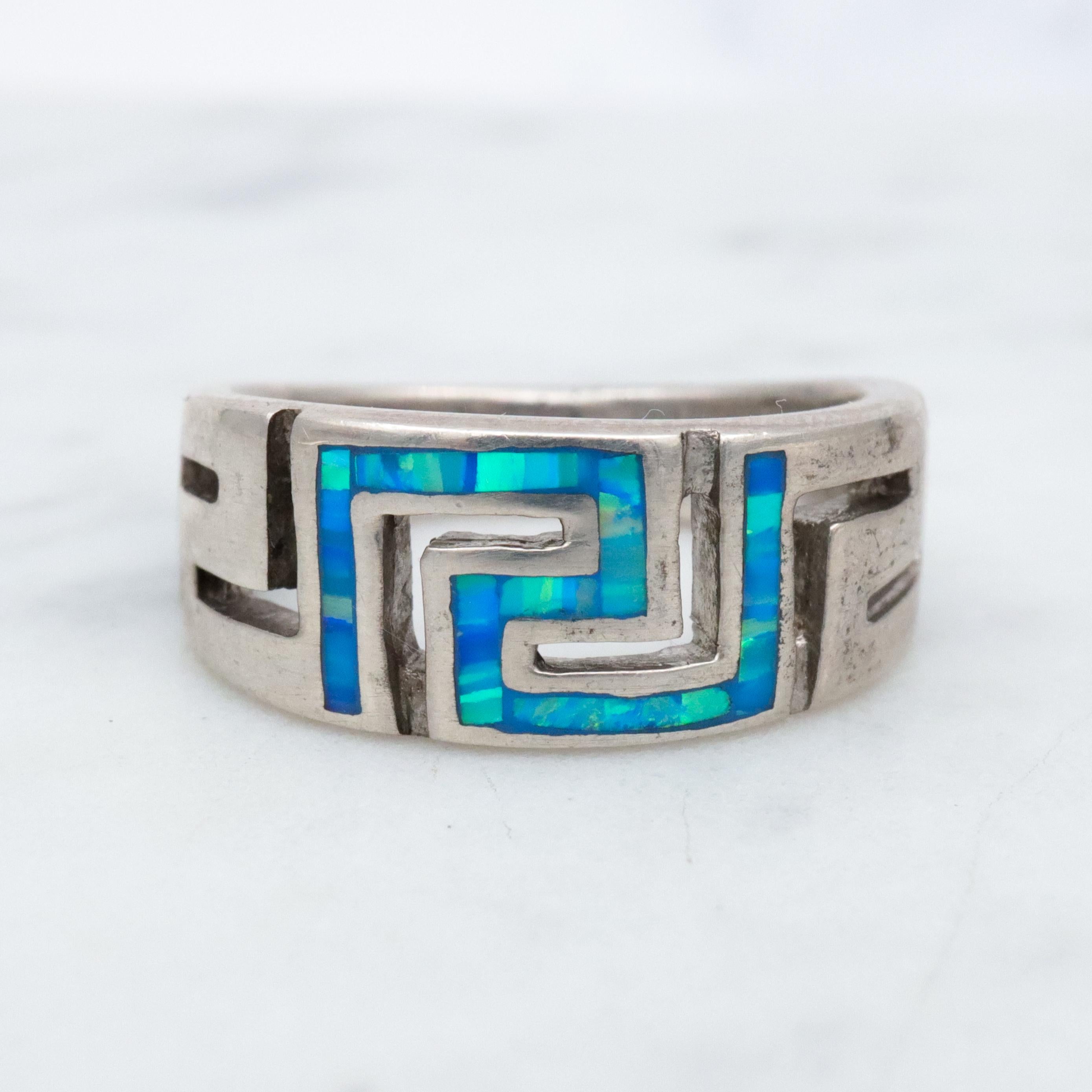Vintage sterling opal inlay greek key ring, sz 5.5