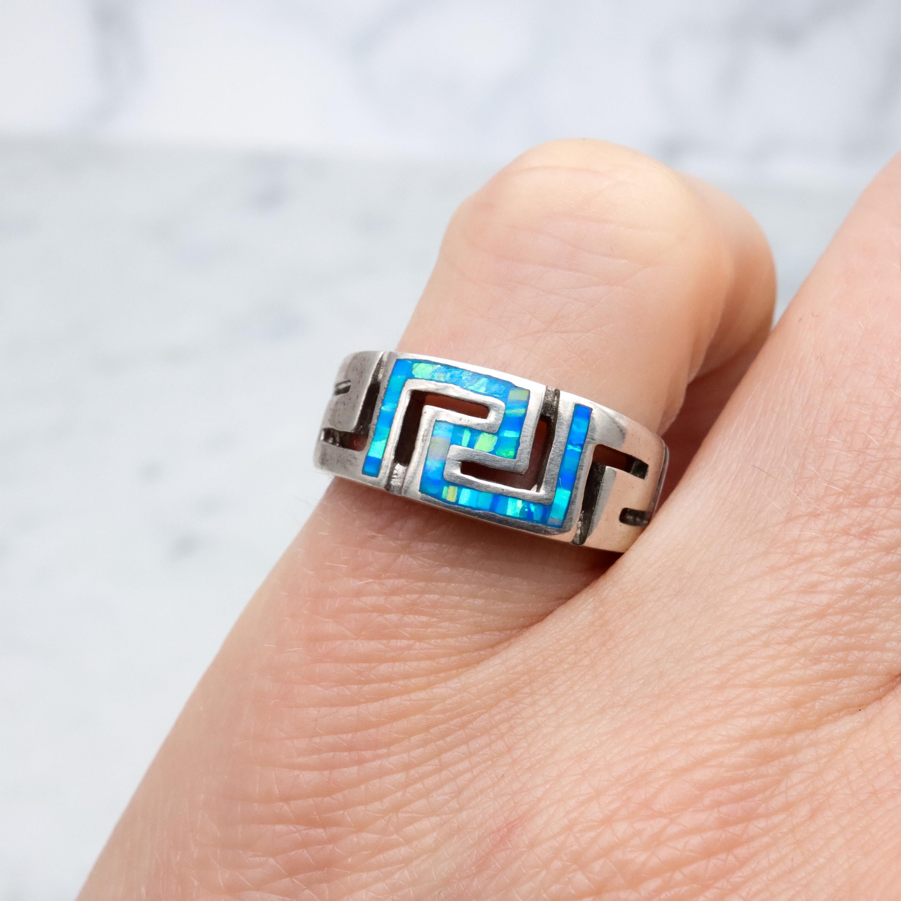 Vintage sterling opal inlay greek key ring, sz 5.5