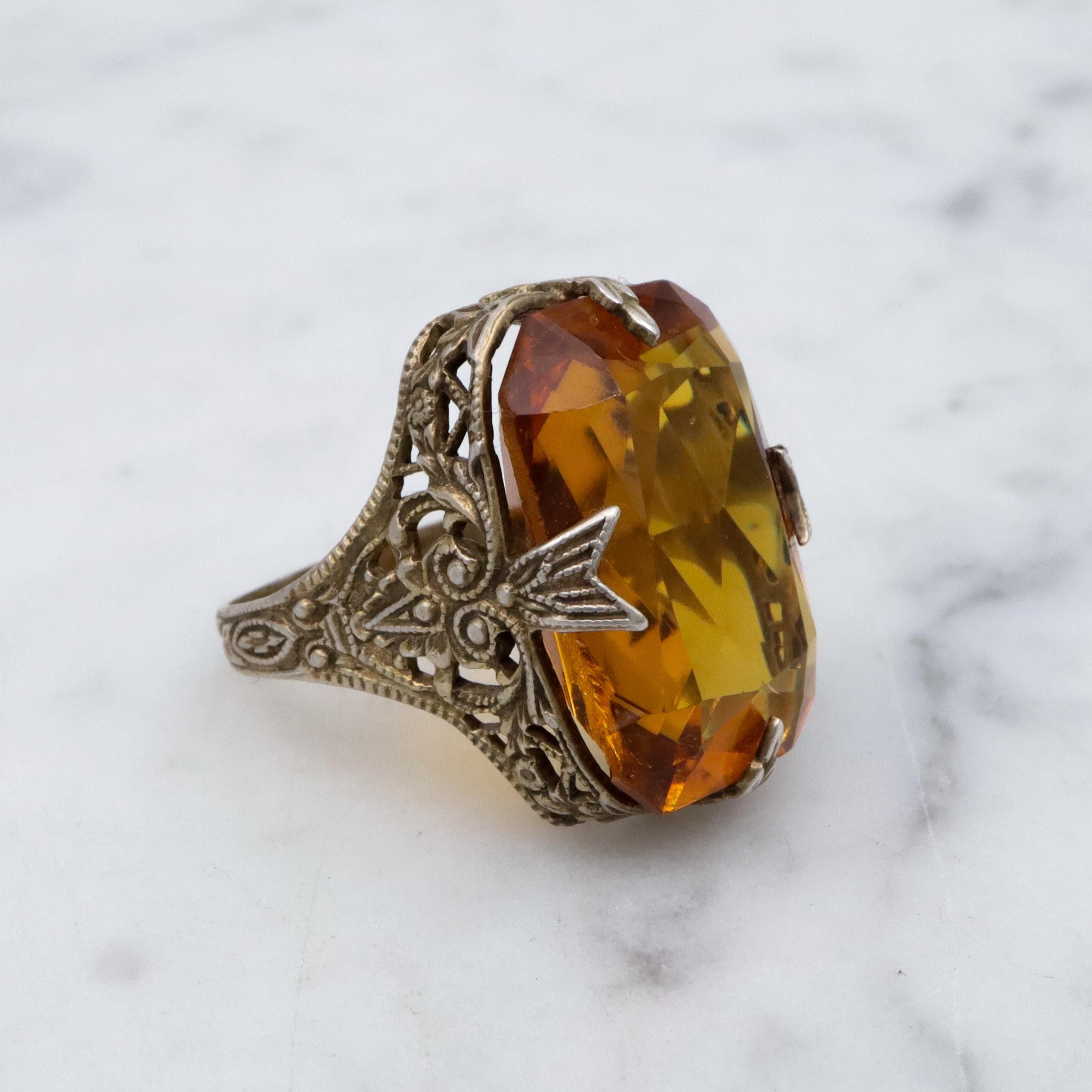 Antique Art Deco gilt sterling faux citrine filigree ring, sz 3.75