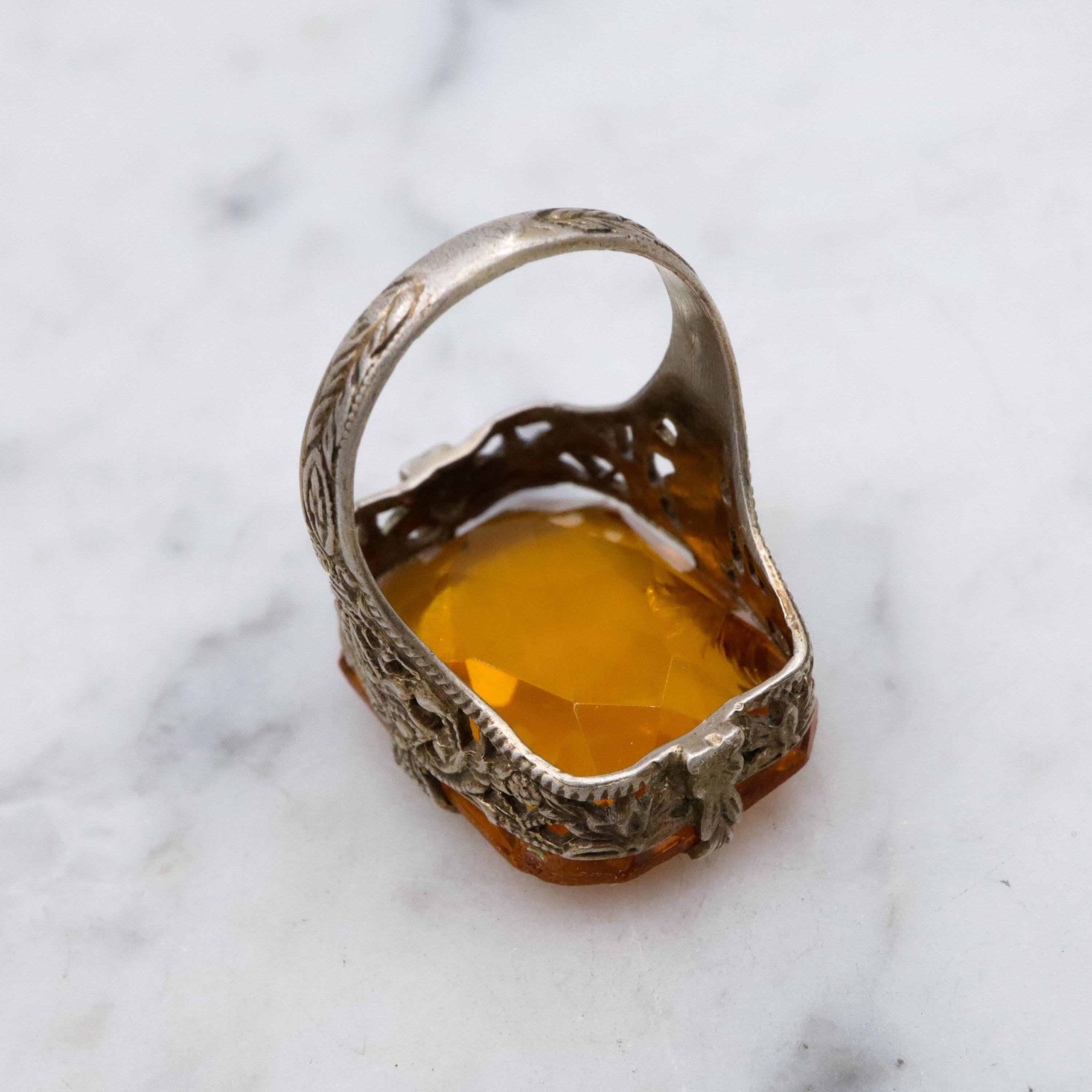 Antique Art Deco gilt sterling faux citrine filigree ring, sz 3.75