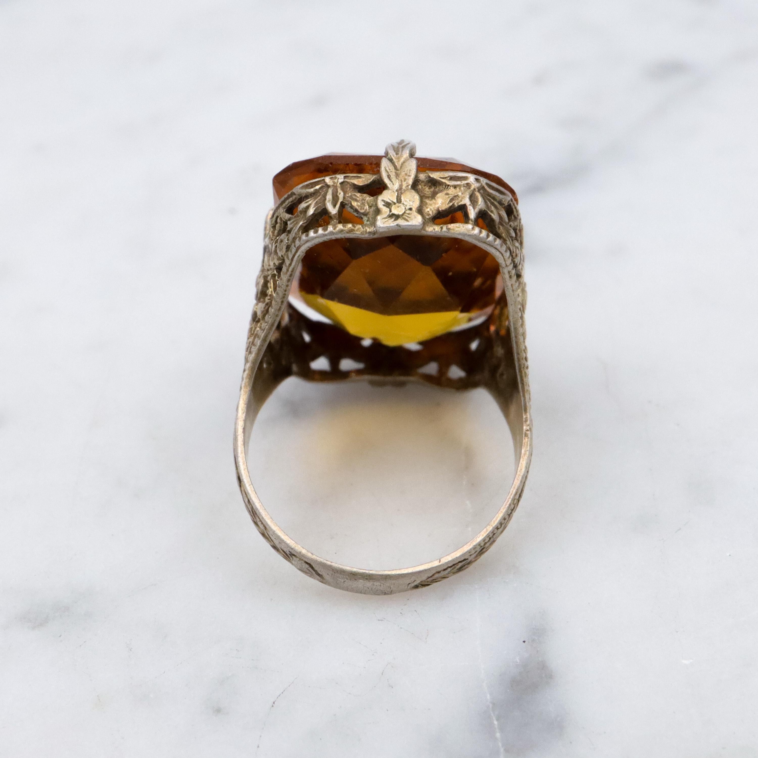 Antique Art Deco gilt sterling faux citrine filigree ring, sz 3.75