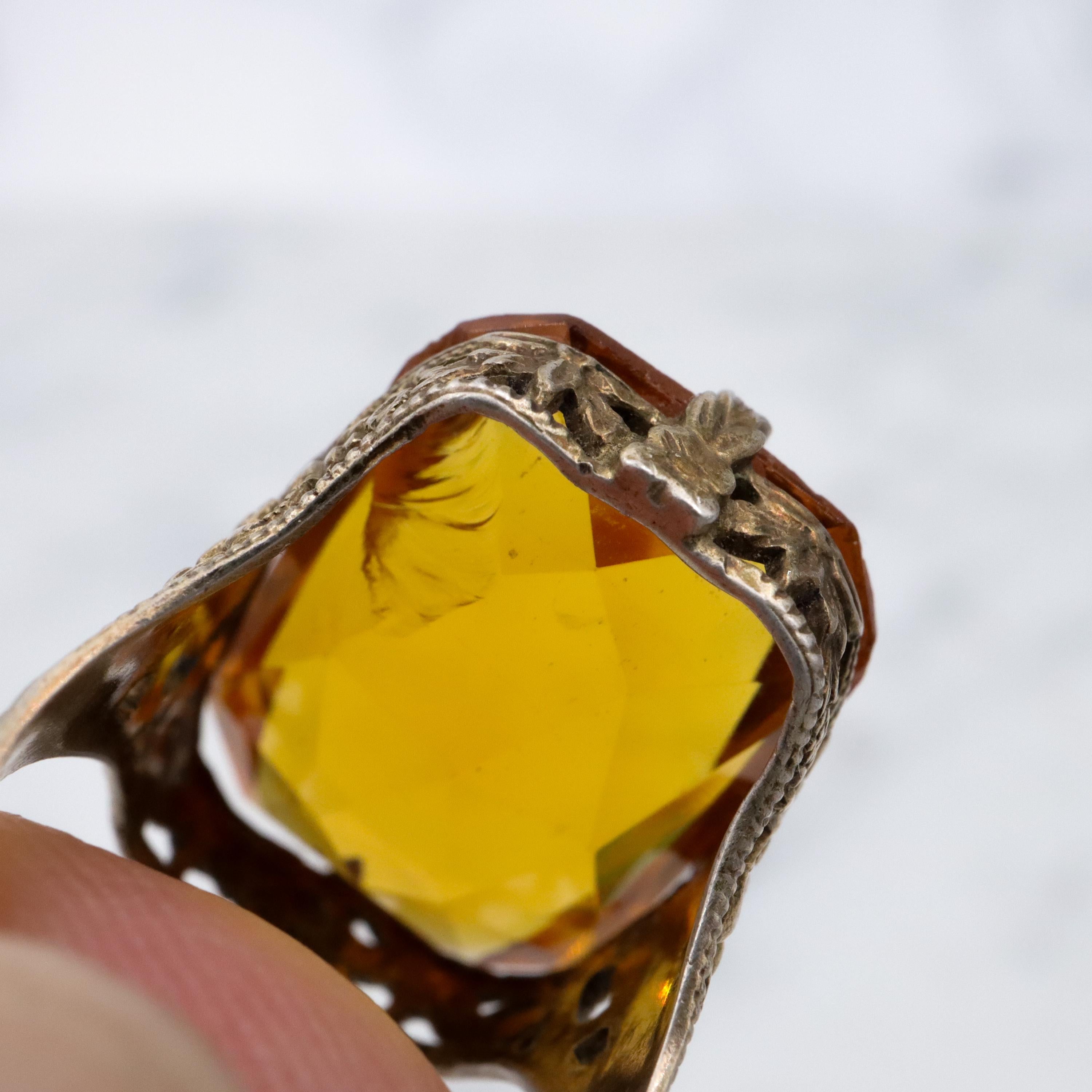 Antique Art Deco gilt sterling faux citrine filigree ring, sz 3.75