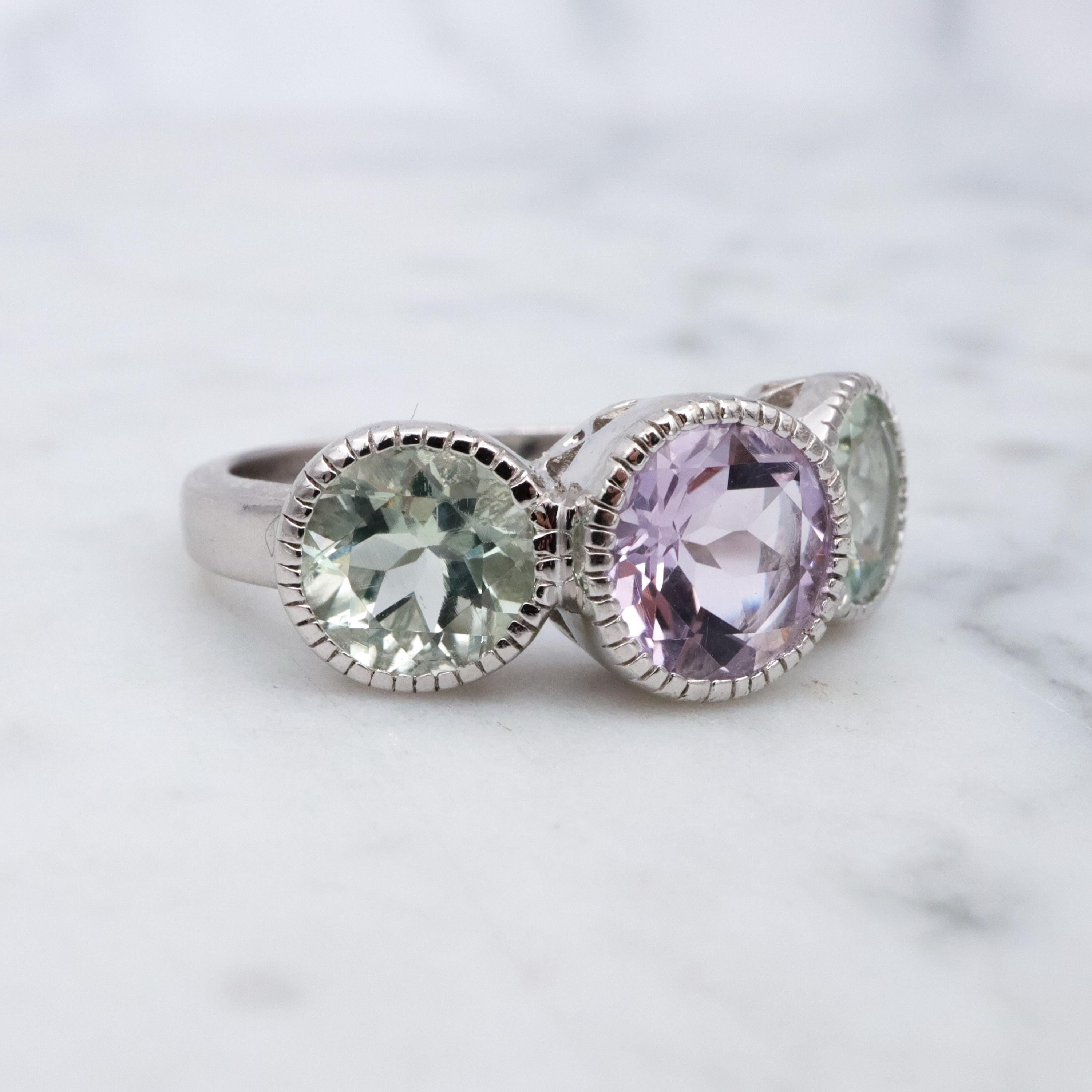Vintage amethyst & tourmaline sterling three-stone ring, size 7