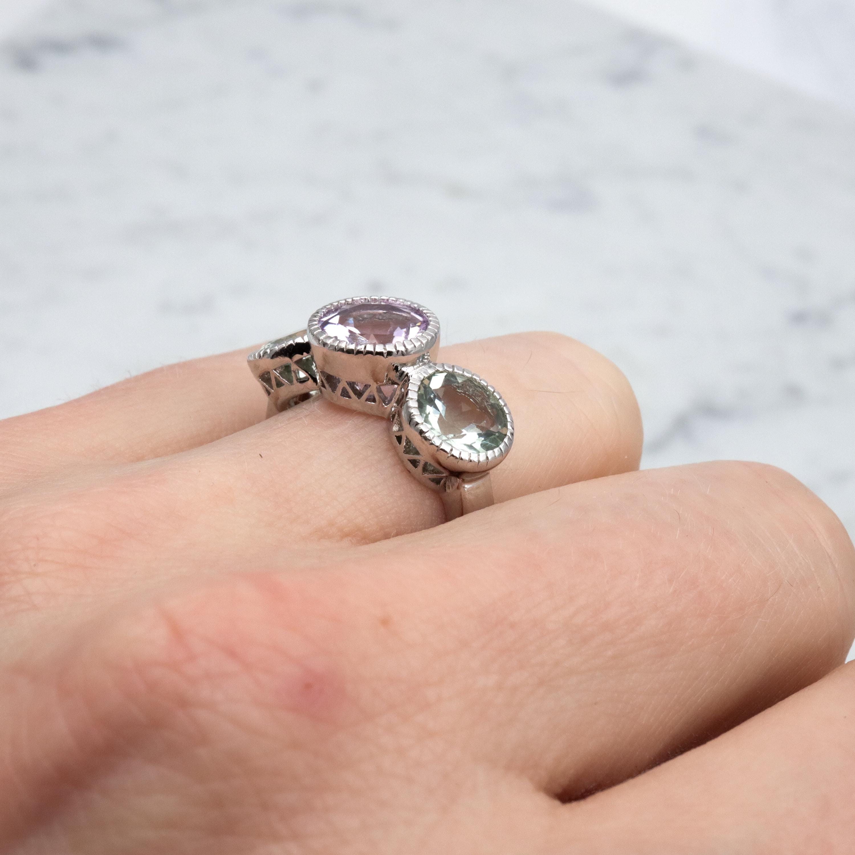 Vintage amethyst & tourmaline sterling three-stone ring, size 7