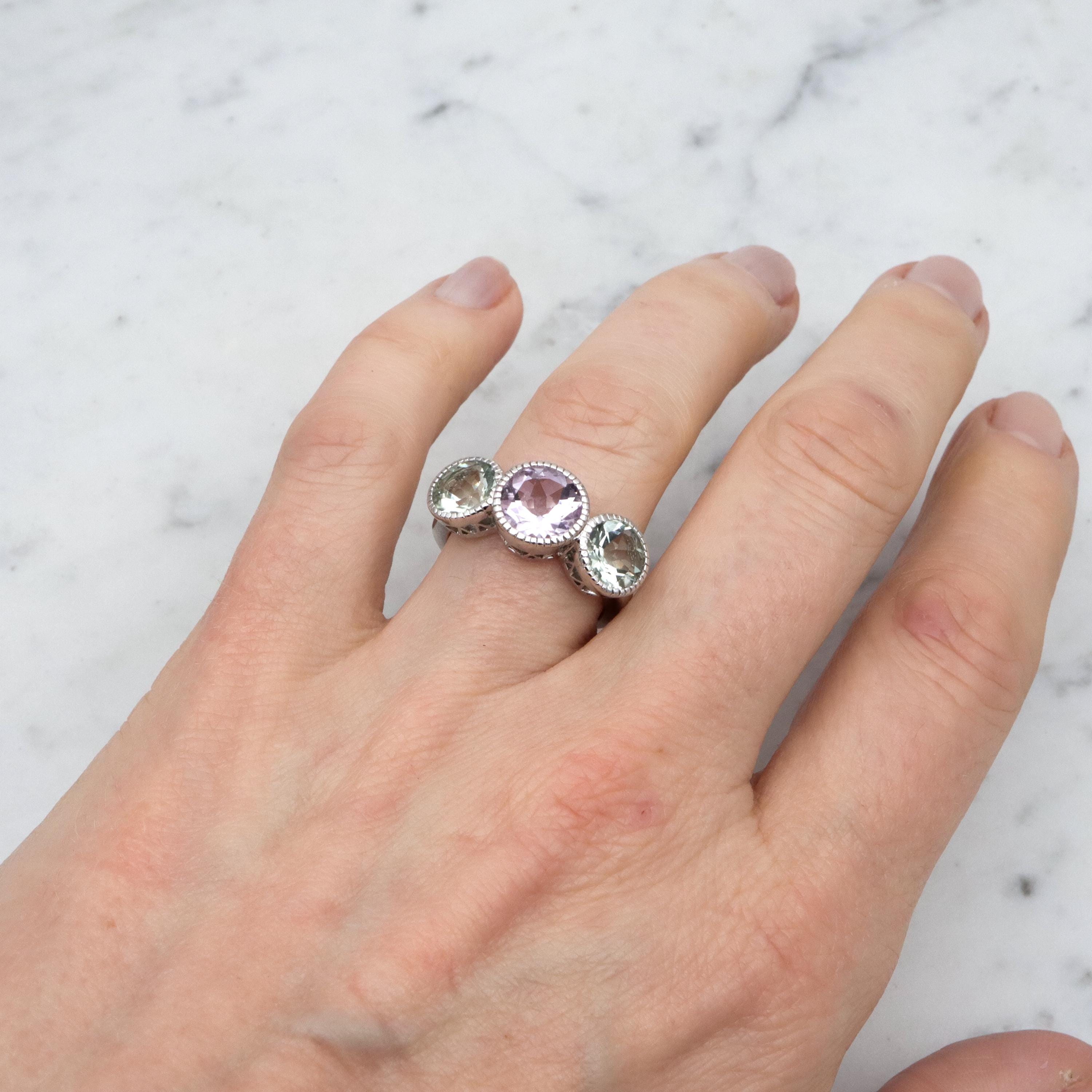 Vintage amethyst & tourmaline sterling three-stone ring, size 7