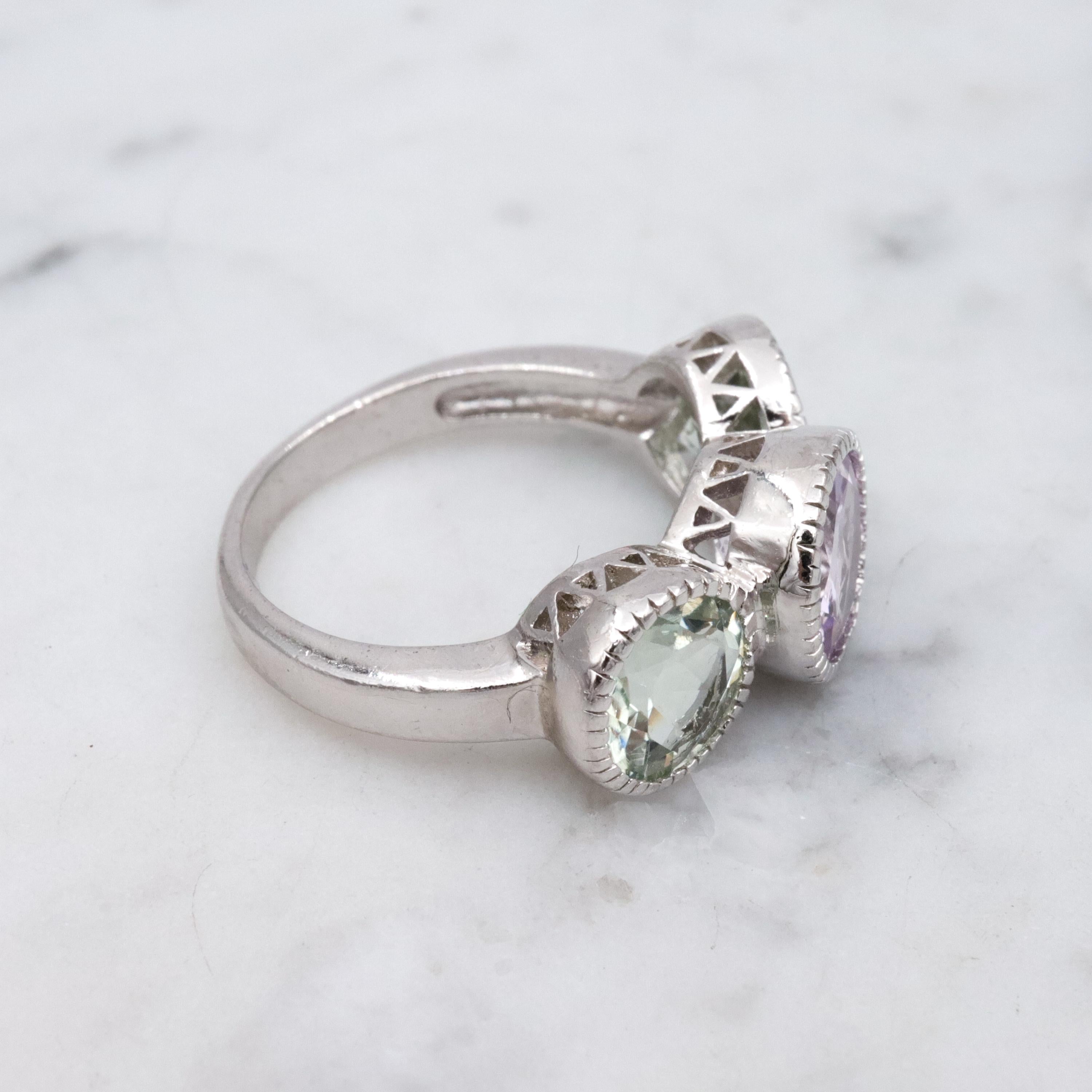 Vintage amethyst & tourmaline sterling three-stone ring, size 7
