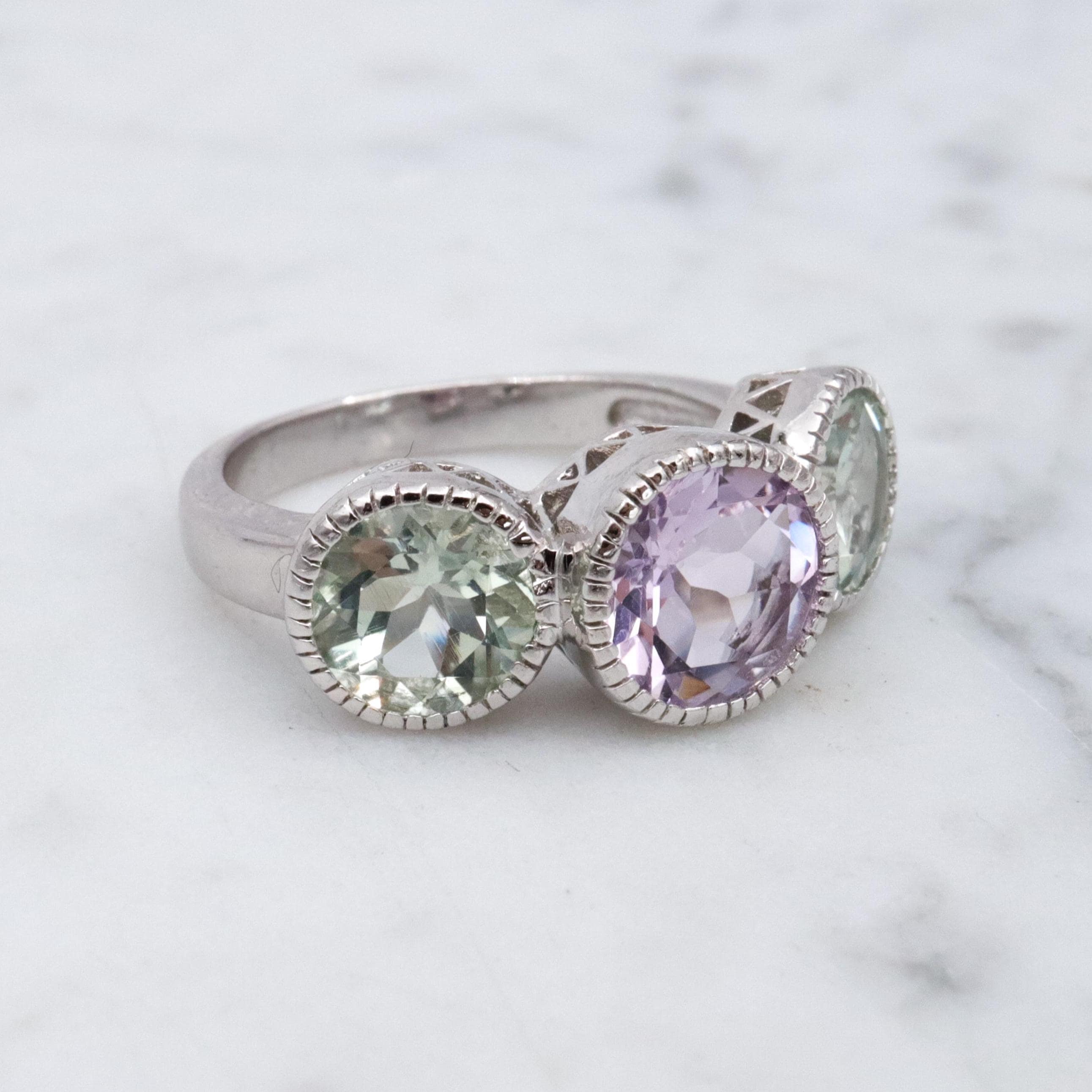 Vintage amethyst & tourmaline sterling three-stone ring, size 7
